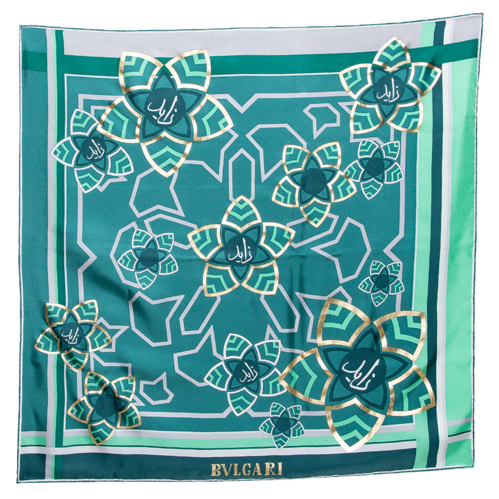 Bvlgari Green Arabic Calligraphy Print Silk Square Scarf