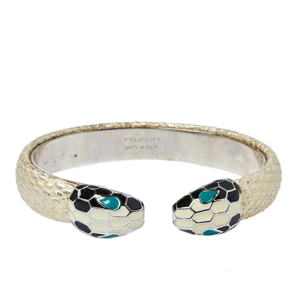 Pre Owned Bvlgari Serpenti Forever Metallic Leather Open Cuff Bracelet
