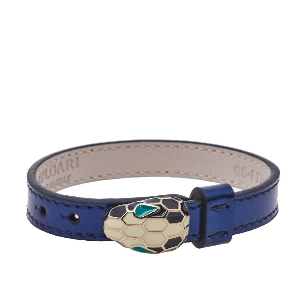 Pre Owned Bvlgari Metallic Blue Leather Serpenti Forever Bracelet