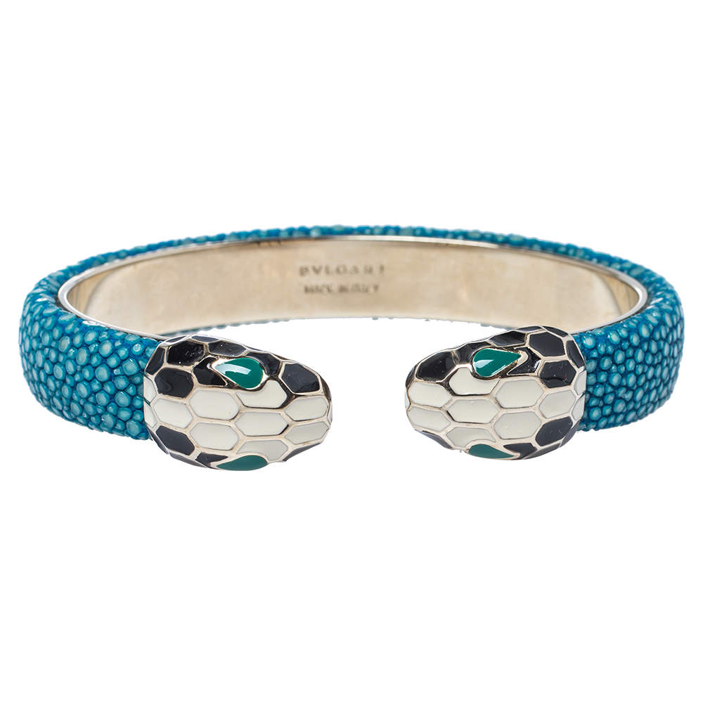 Pre Owned Bvlgari Blue Galuchat Leather Serpenti Forever Open Cuff Bracelet