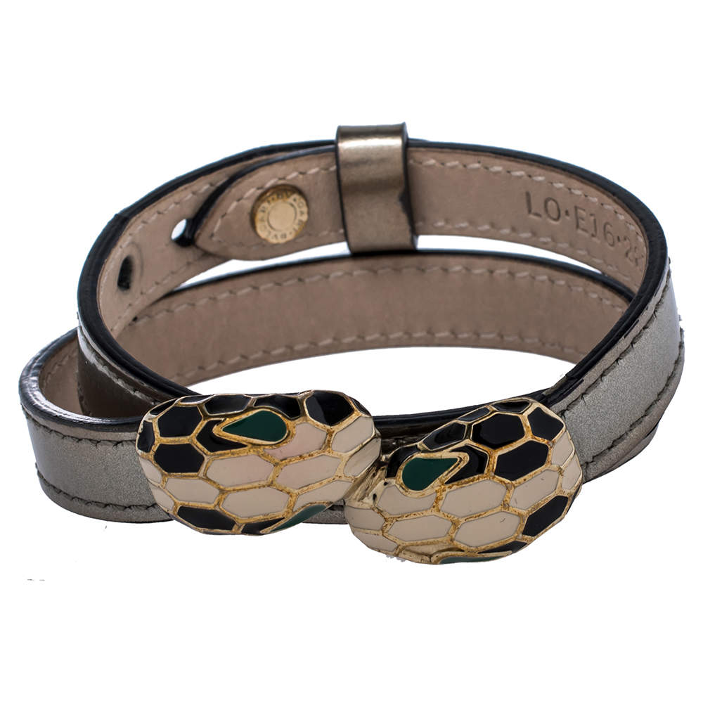 Pre Owned Bvlgari Serpenti Forever Metallic Silver Leather Gold Plated Double Wrap Bracelet
