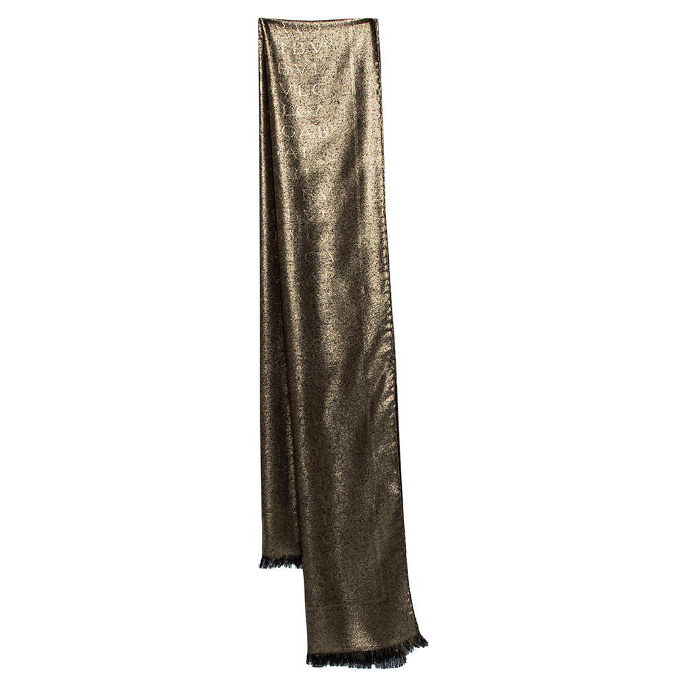Pre Owned Bvlgari Gold Silk Wool Lettere Maxi Logomania Stole