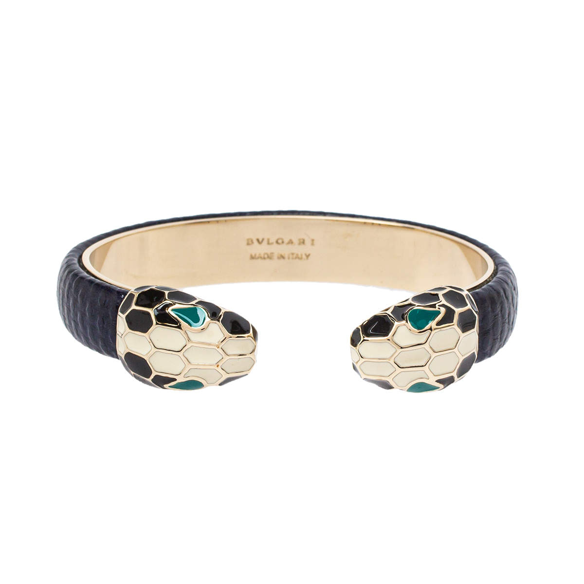 Pre Owned Bvlgari Serpenti Forever Navy Blue Karung Leather Open Cuff Bracelet