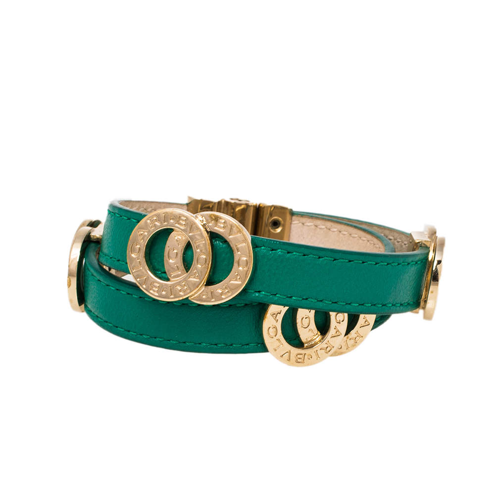 Bvlgari Bvlgari Interlocking Circles Green Leather Gold Plated Double Coiled Bracelet 