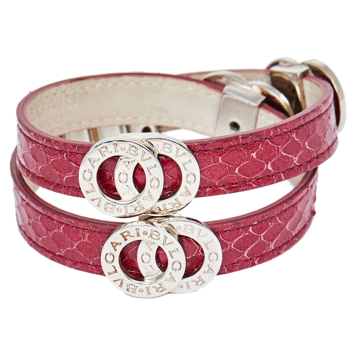 Pre Owned Bvlgari Bvlgari Burgundy Leather Silver Tone Double Coil Wrap Bracelet