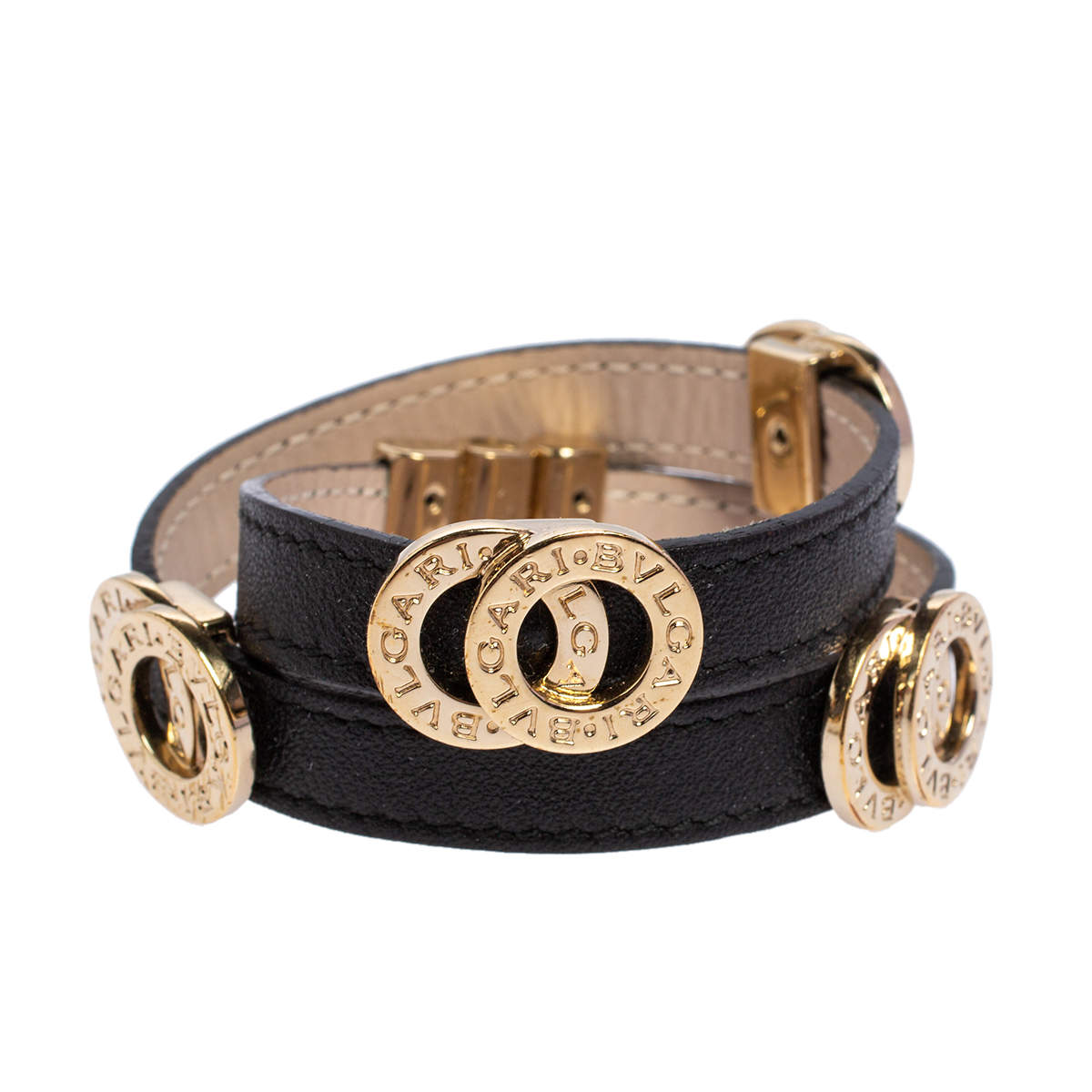 Pre Owned Bvlgari Black Leather Gold Tone Double Coiled Bracelet