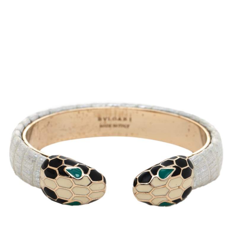 Pre Owned Bvlgari Serpenti Forever Metallic Leather Gold Plated Open Cuff Bracelet