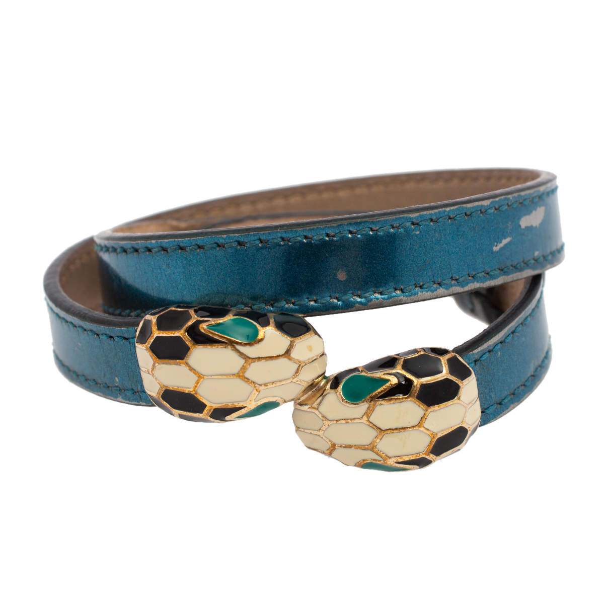 Bvlgari Serpenti Forever Blue Metallic Leather Double Wrap Bracelet
