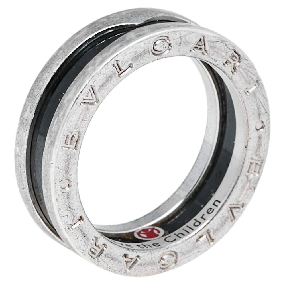 Bvlgari Save the Children 1-Band Black Ceramic Silver Ring Size 55