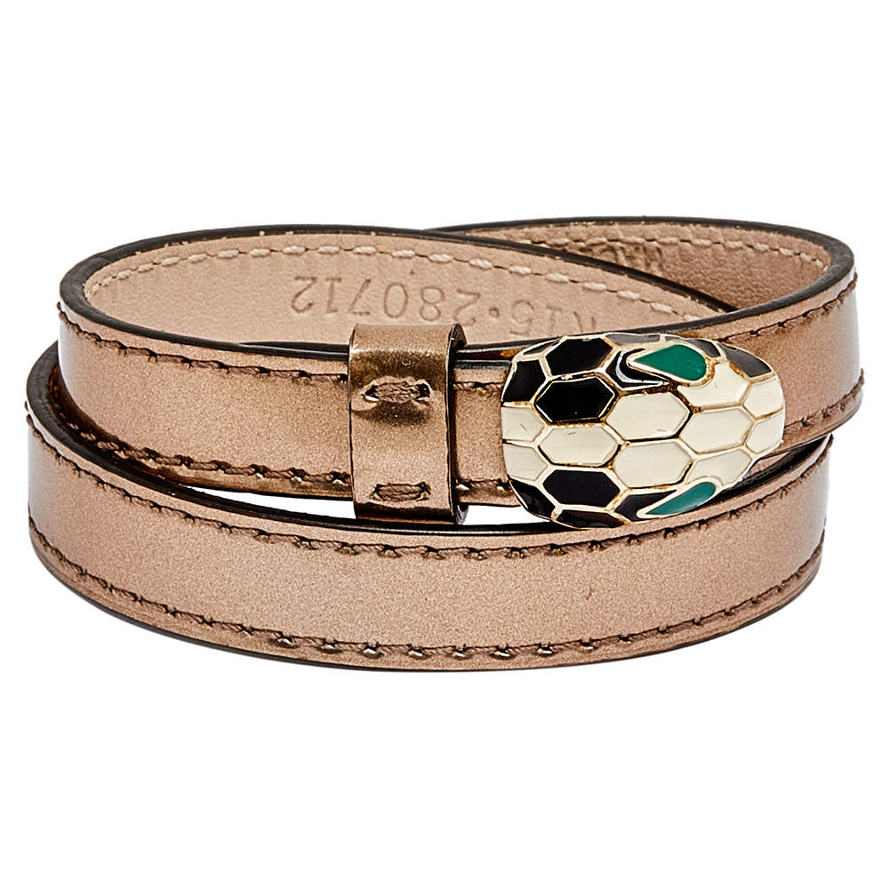 Pre Owned Bvlgari Serpenti Forever Enamel Gold Leather Double Wrap Bracelet