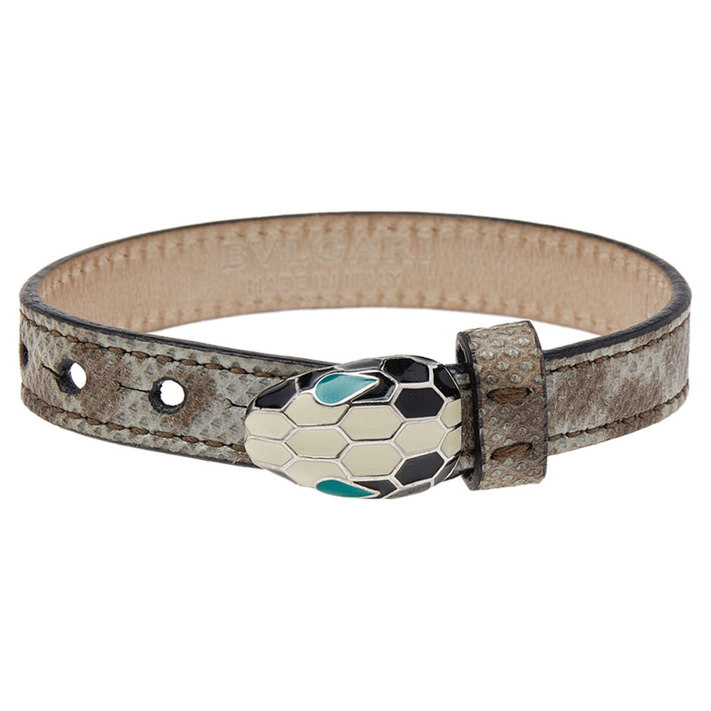 Bvlgari Serpenti Forever Beige Lizard Leather Enamel Palladium Plated Bracelet