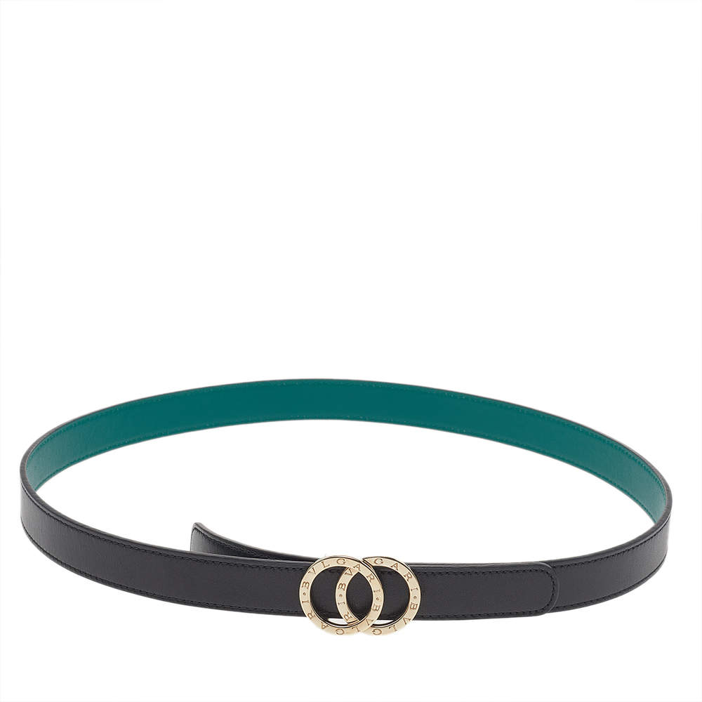 Pre Owned Bvlgari Black Leather Double Ring Buckle Slim Belt 80 CM