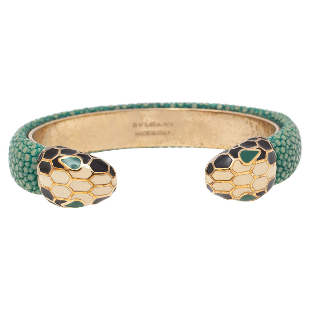 Pre Owned Bvlgari Serpenti Forever Green Galuchat Leather Open Cuff Bracelet
