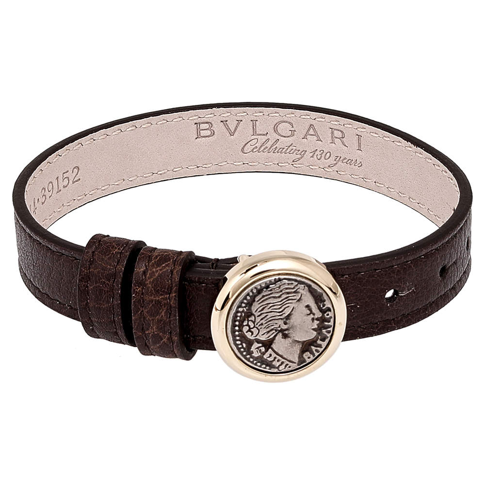 Bvlgari  Brown Leather Two Tone Monete Coin Wrap Bracelet
