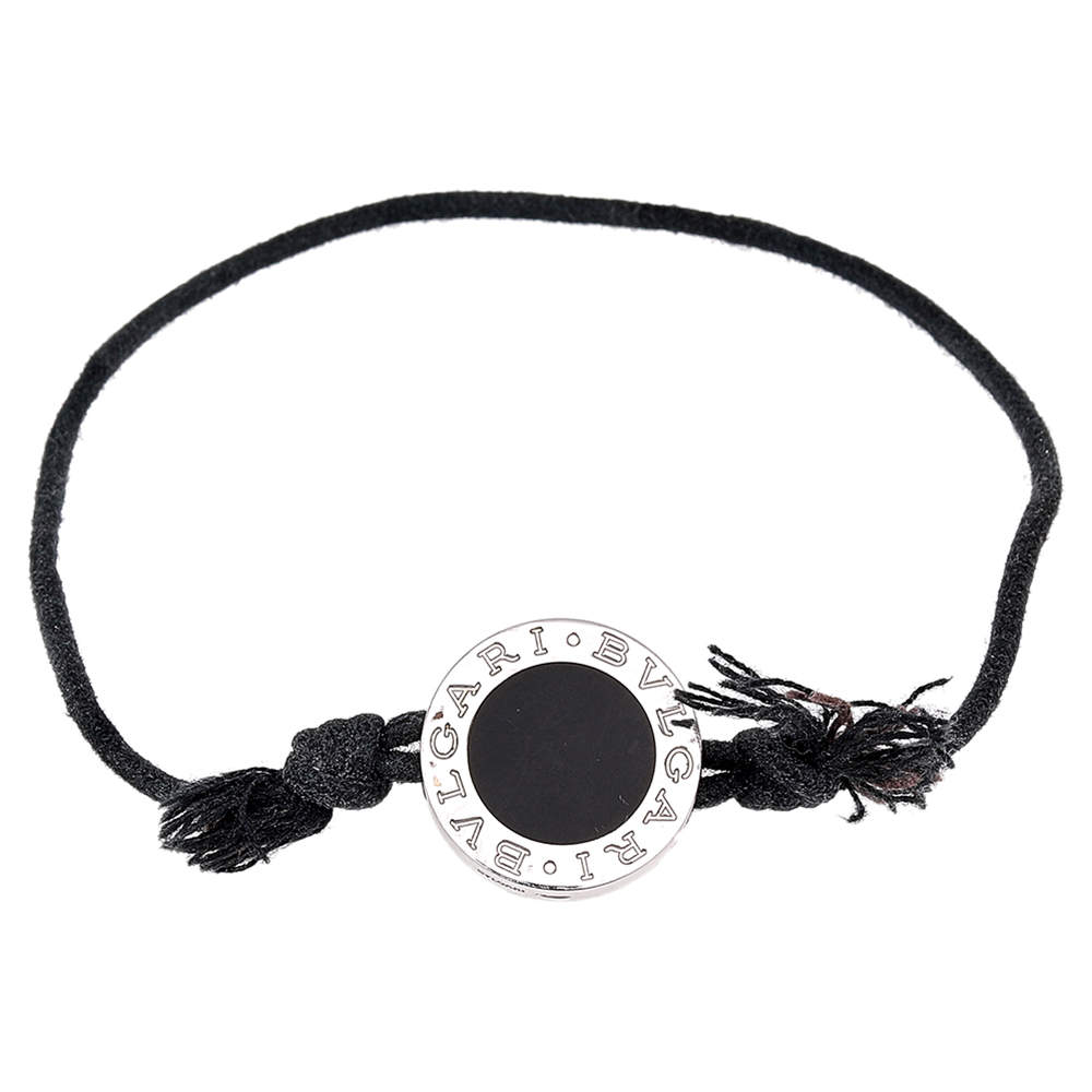 Pre Owned Bvlgari Logo Black Enamel Silver Adjustable Cord Bracelet