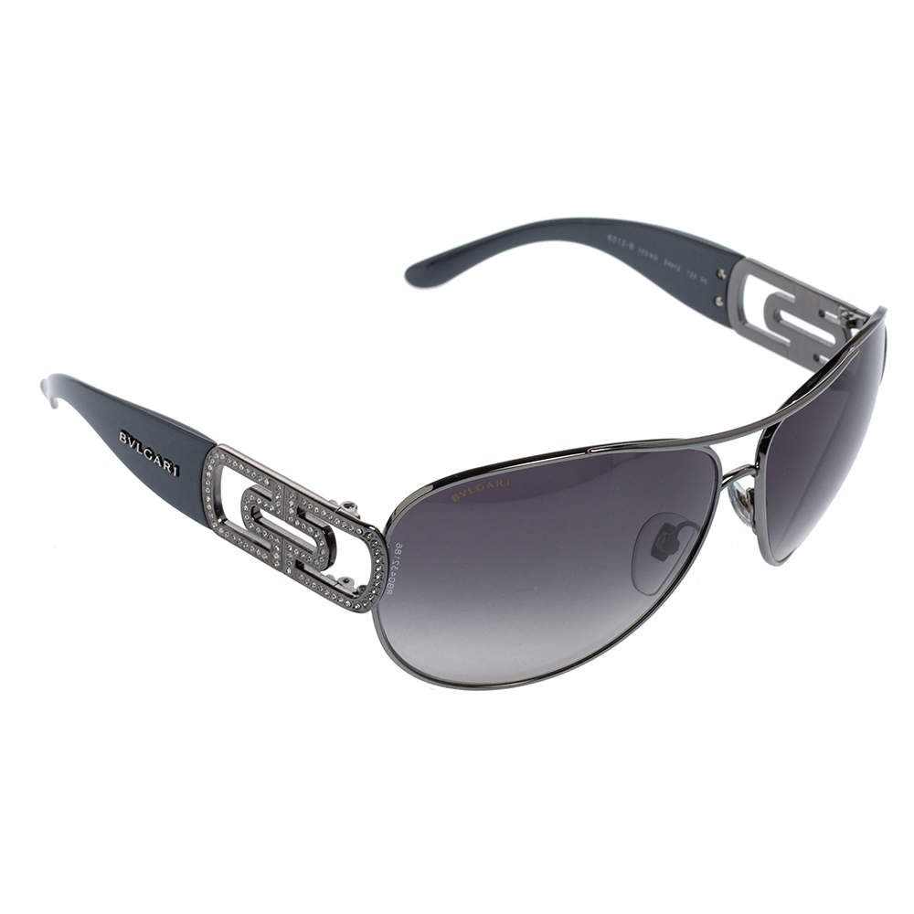 Bvlgari Black Acetate 6012 Jeweled Temple Gradient Aviator Sunglasses