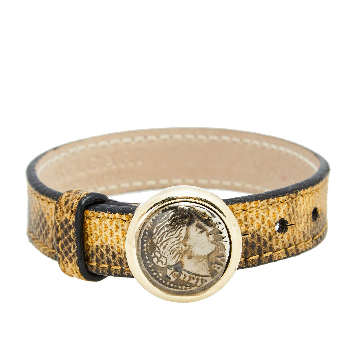 Pre Owned Bvlgari Coin Monete Leather Gold Tone Metal Wrap Bracelet