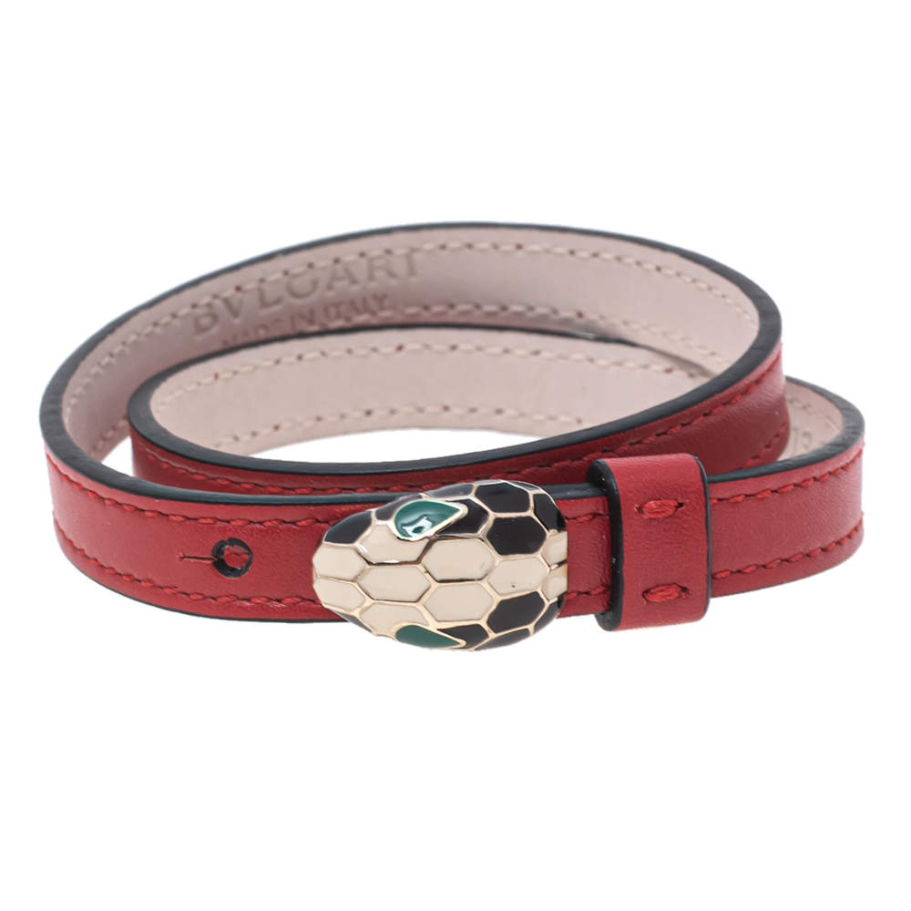 Bvlgari Serpenti Forever Red Leather Gold Plated Double Wrap Bracelet