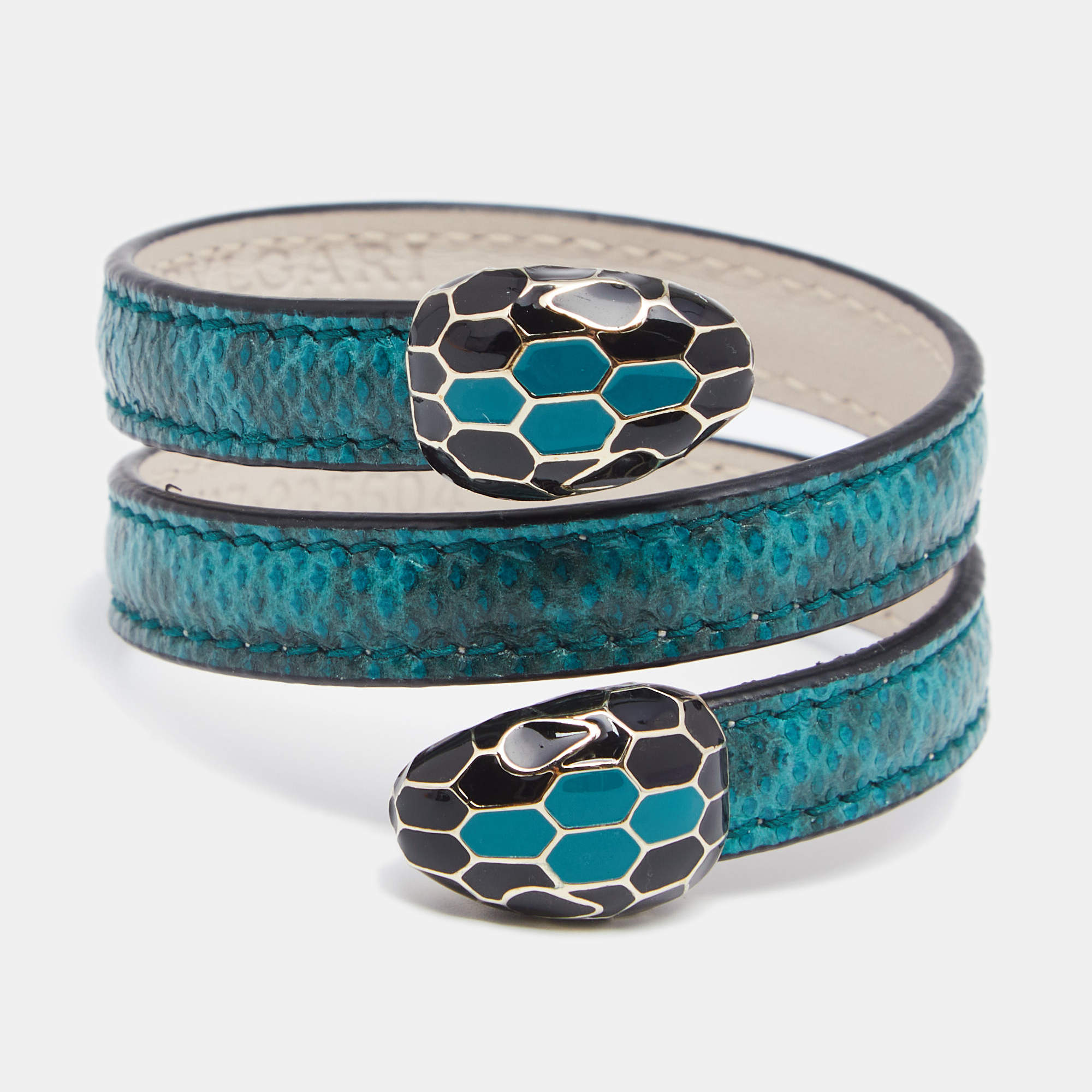 Pre Owned Bvlgari Serpenti Forever Green Snakeskin Double Wrap Bracelet