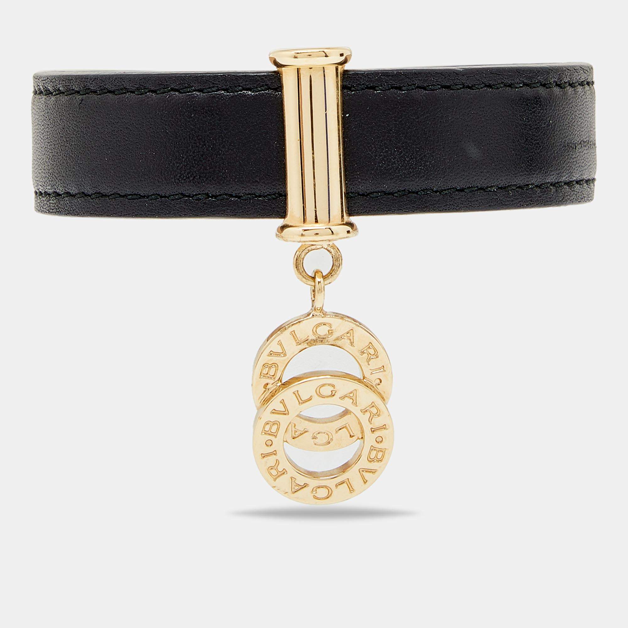 Bvlgari Black Leather Interlocking Circles Charm Open Cuff Bracelet