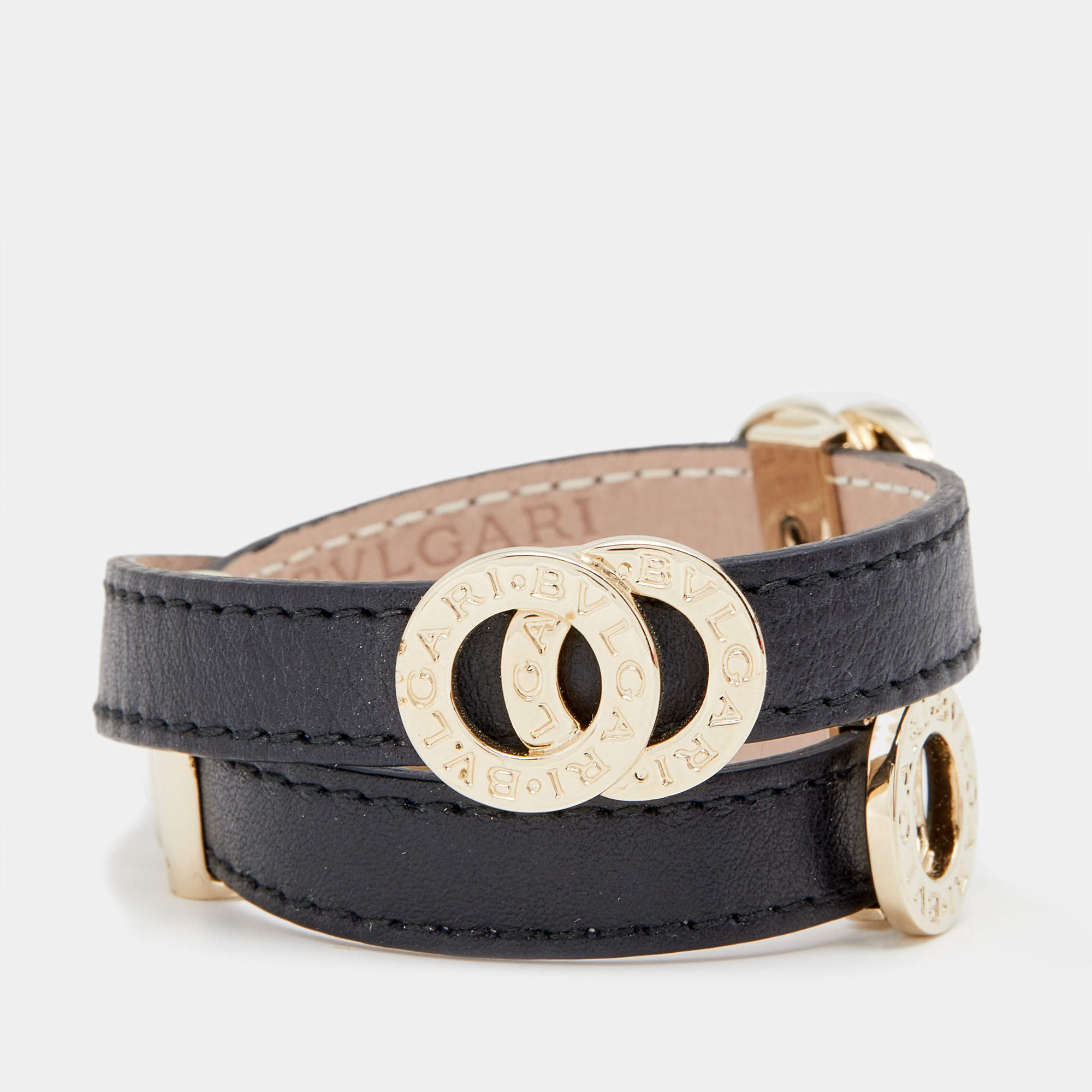 Pre Owned Bvlgari Black Leather Interlocking Rings Double Coiled Bracelet