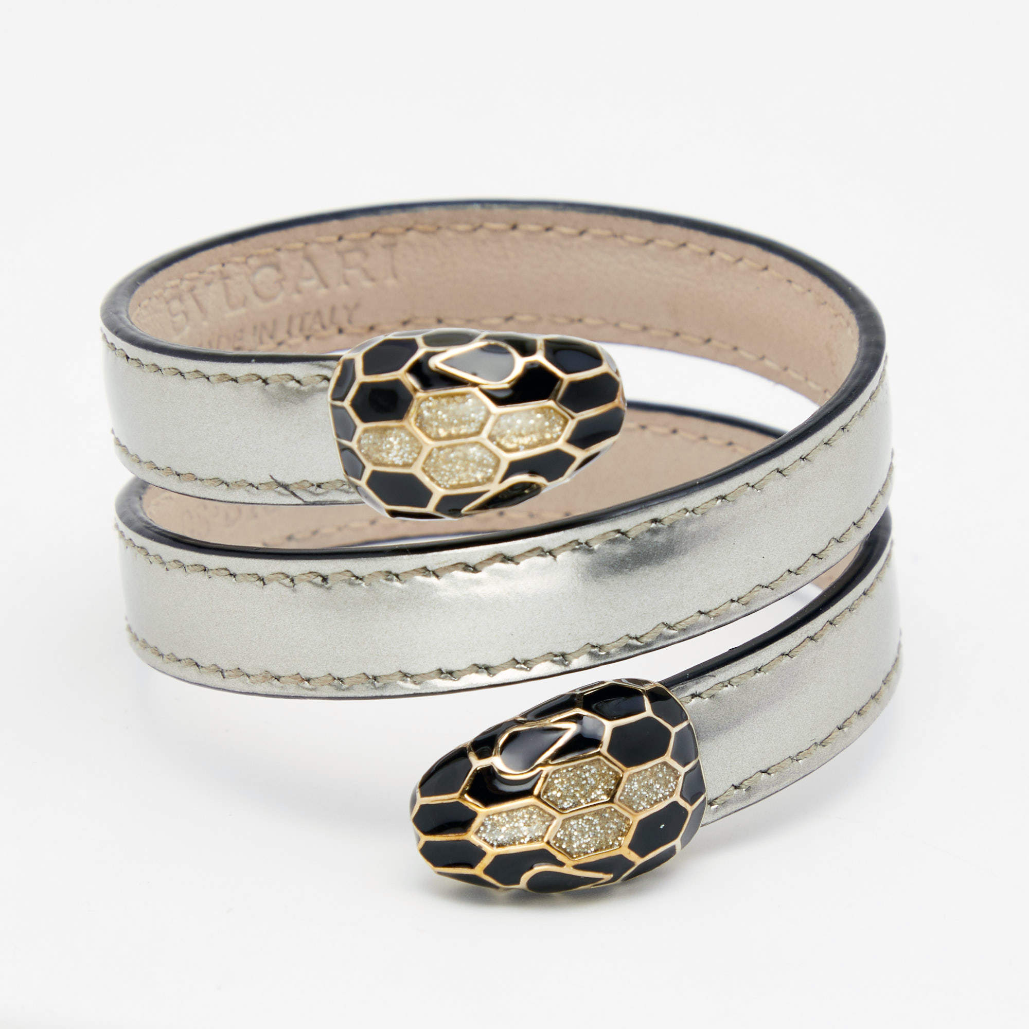 Bvlgari Serpenti Forever Silver Leather Cleopatra Wrap Bracelet