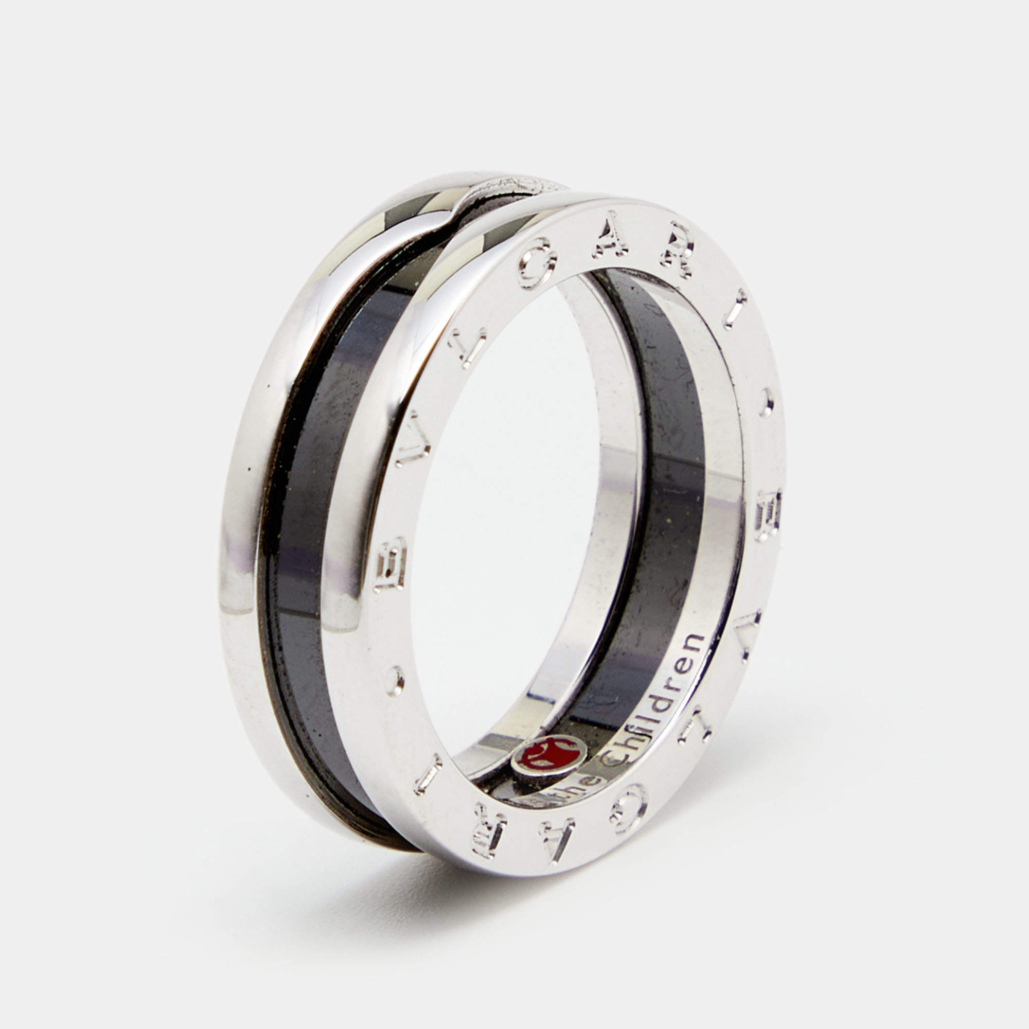 Pre Owned Bvlgari B.Zero1 Save the Children Black Ceramic Sterling Silver Ring Size 58