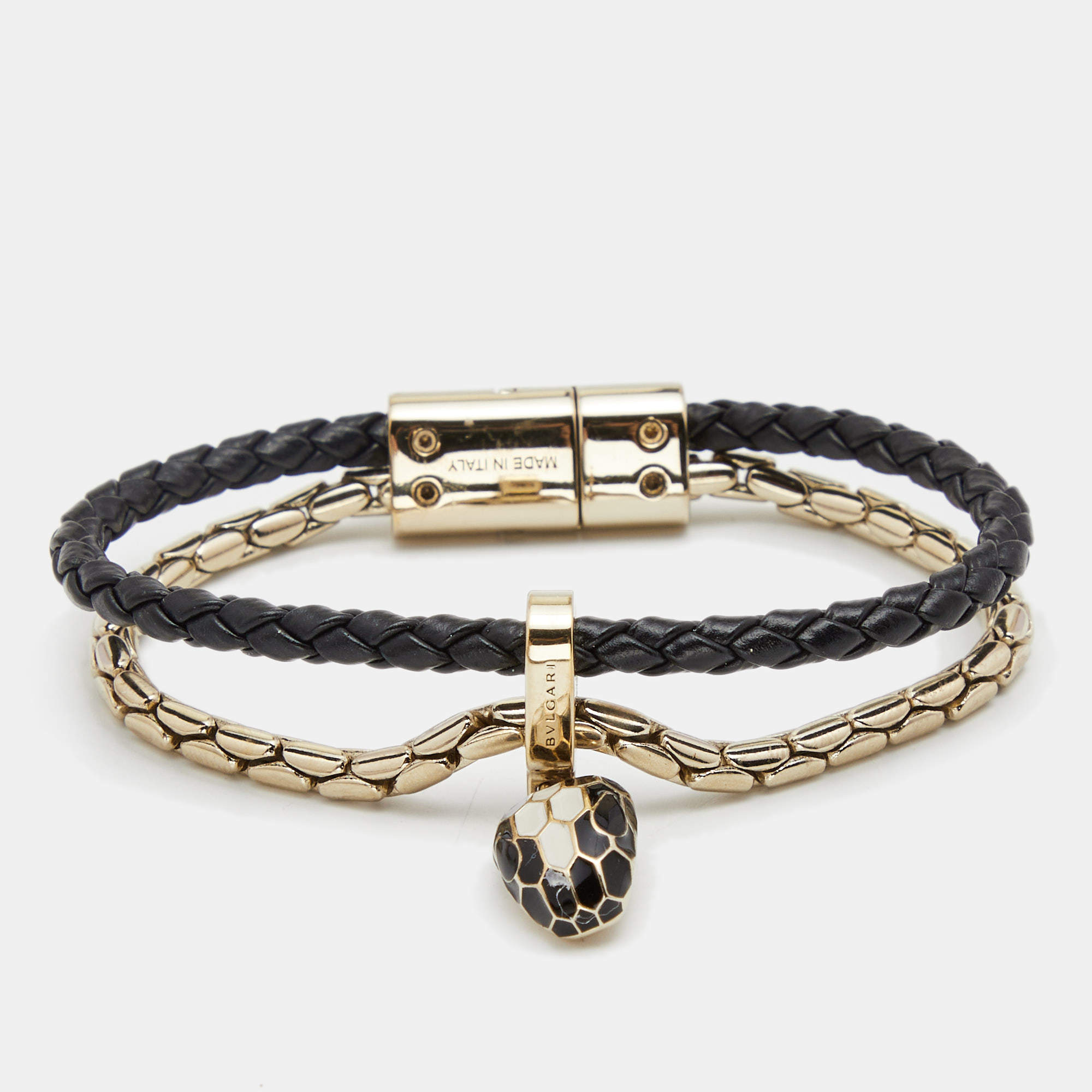 Pre Owned Bvlgari Serpenti Forever Leather Enamel Gold Tone Metal Bracelet