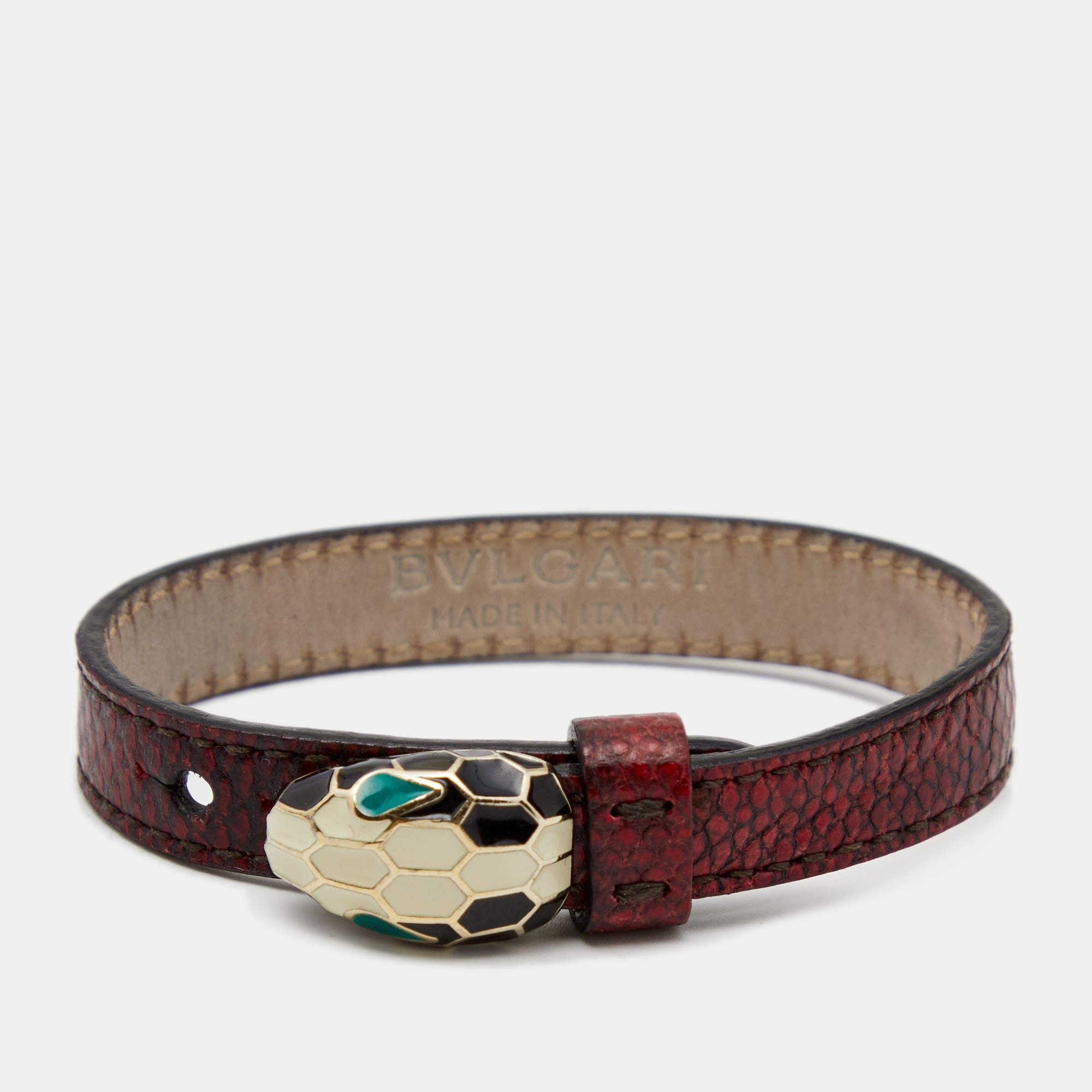 Bvlgari Serpenti Forever Snakeskin Leather Enamel Gold Tone Wrap Bracelet 