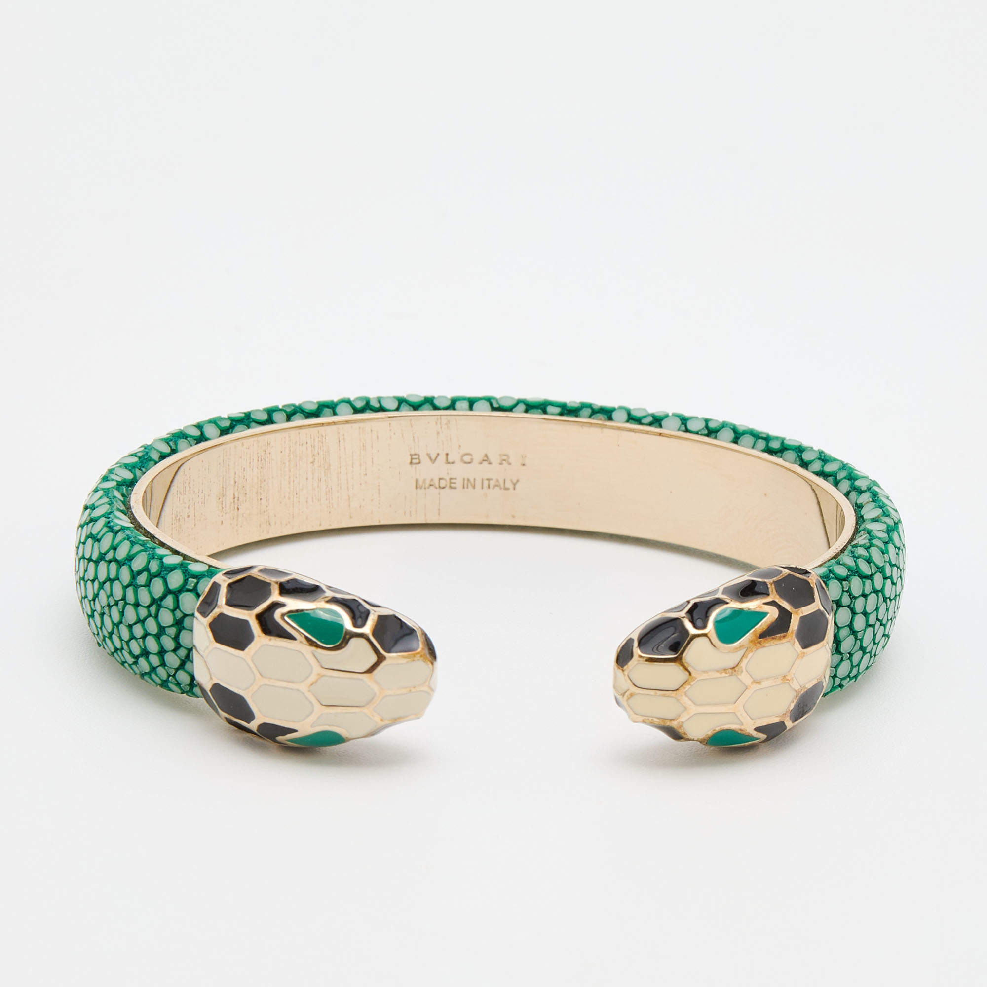 Bvlgari Serpenti Forever Gold Plated Green Galuchat Leather Cuff Bracelet