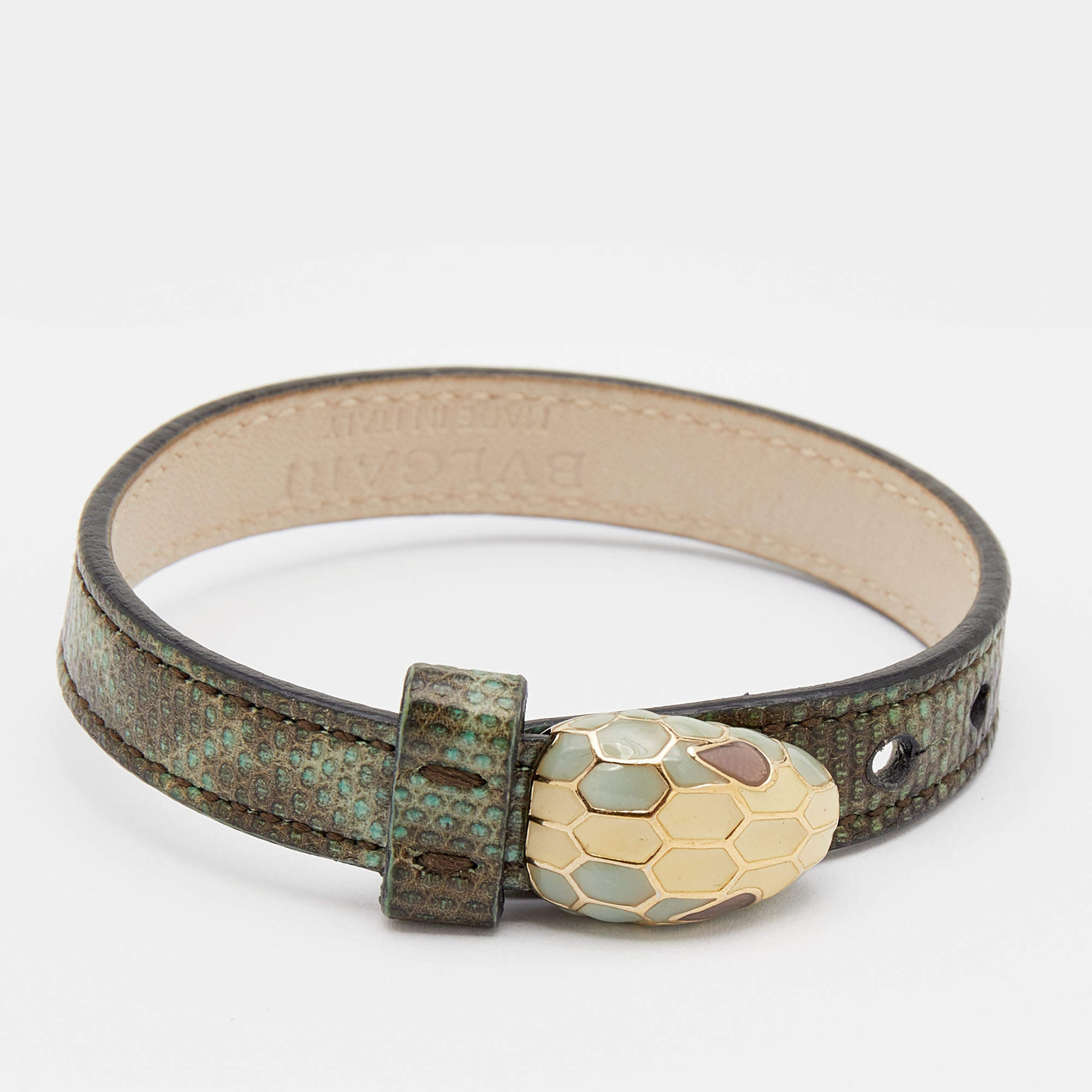 Pre Owned Bvlgari Serpenti Forever Enamel Gold Plated Green Exotic Leather Bracelet