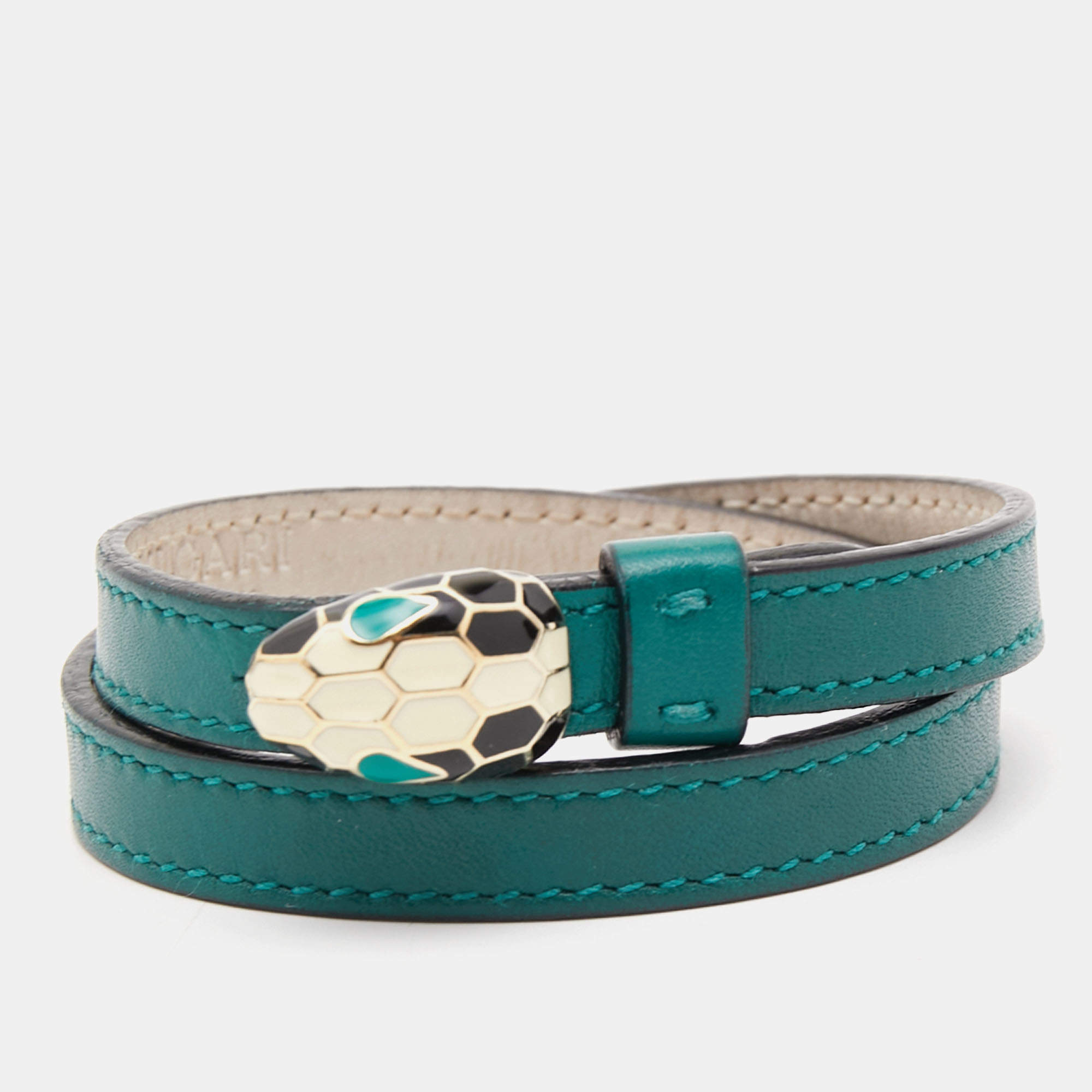 Bvlgari Serpenti Forever Enamel Leather Gold Tone Wrap Bracelet