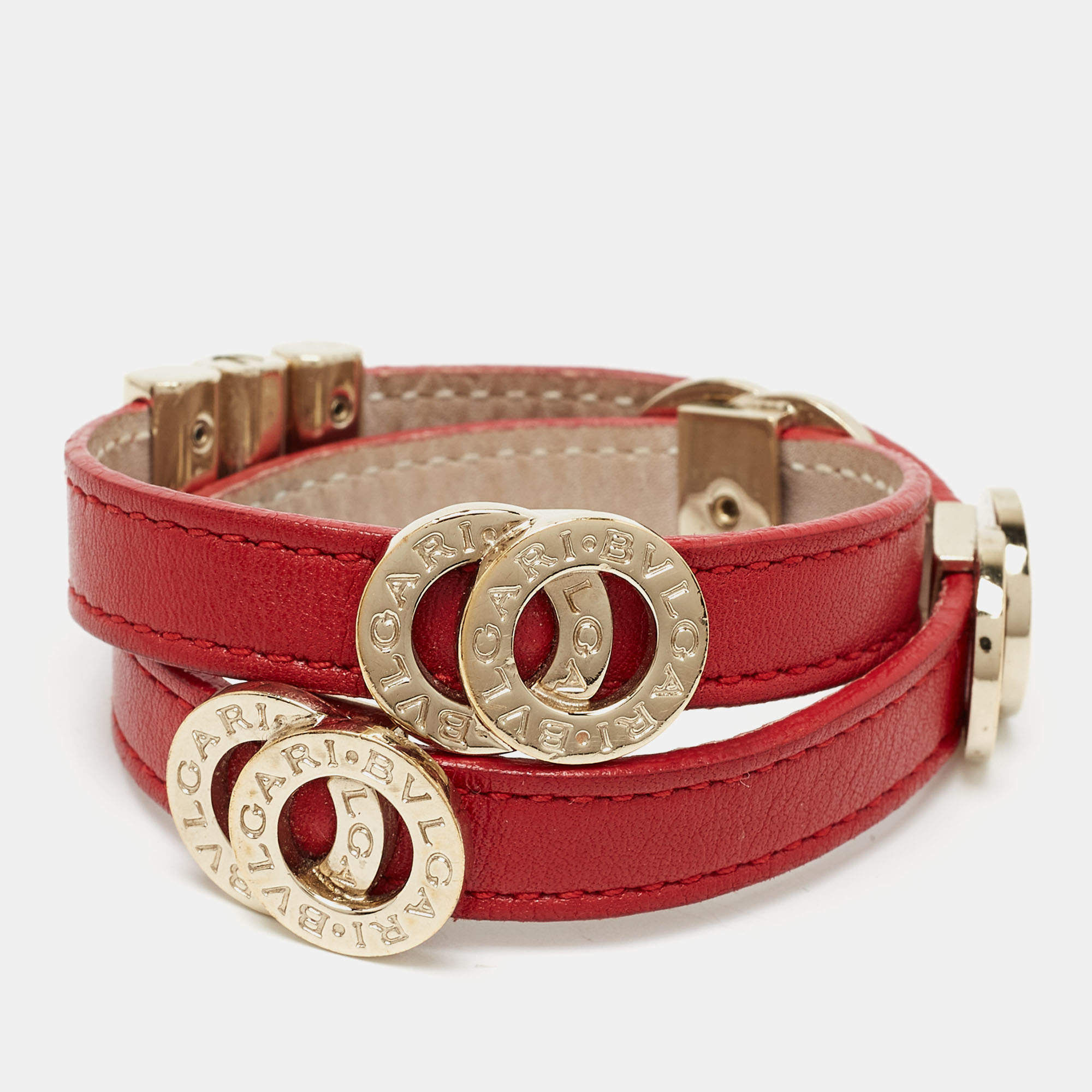 Pre Owned Bvlgari  Red Leather Double-Coiled Gold Tone Wrap Bracelet