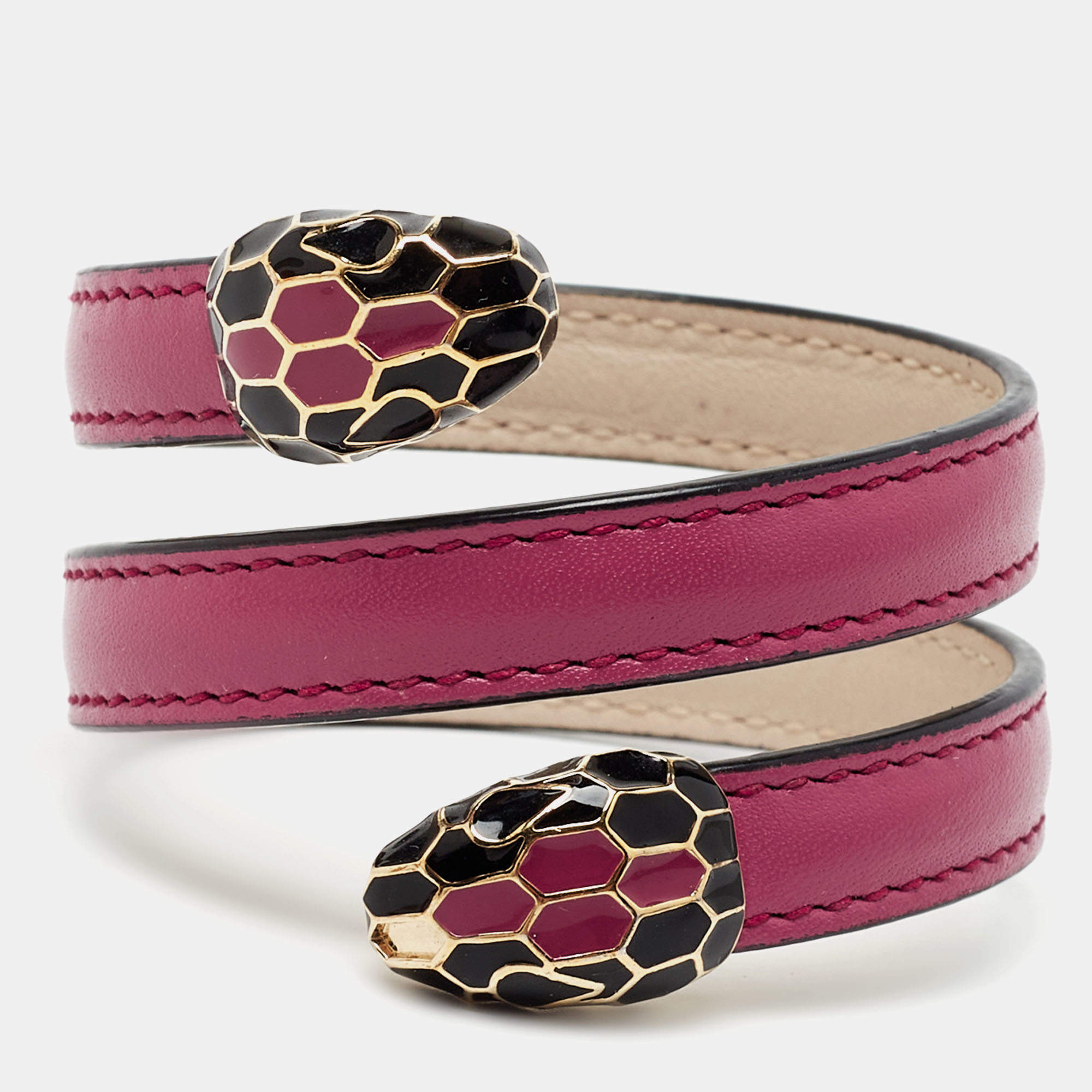 Pre Owned Bvlgari Serpenti Forever Enamel Leather Gold Tone Wrap Bracelet