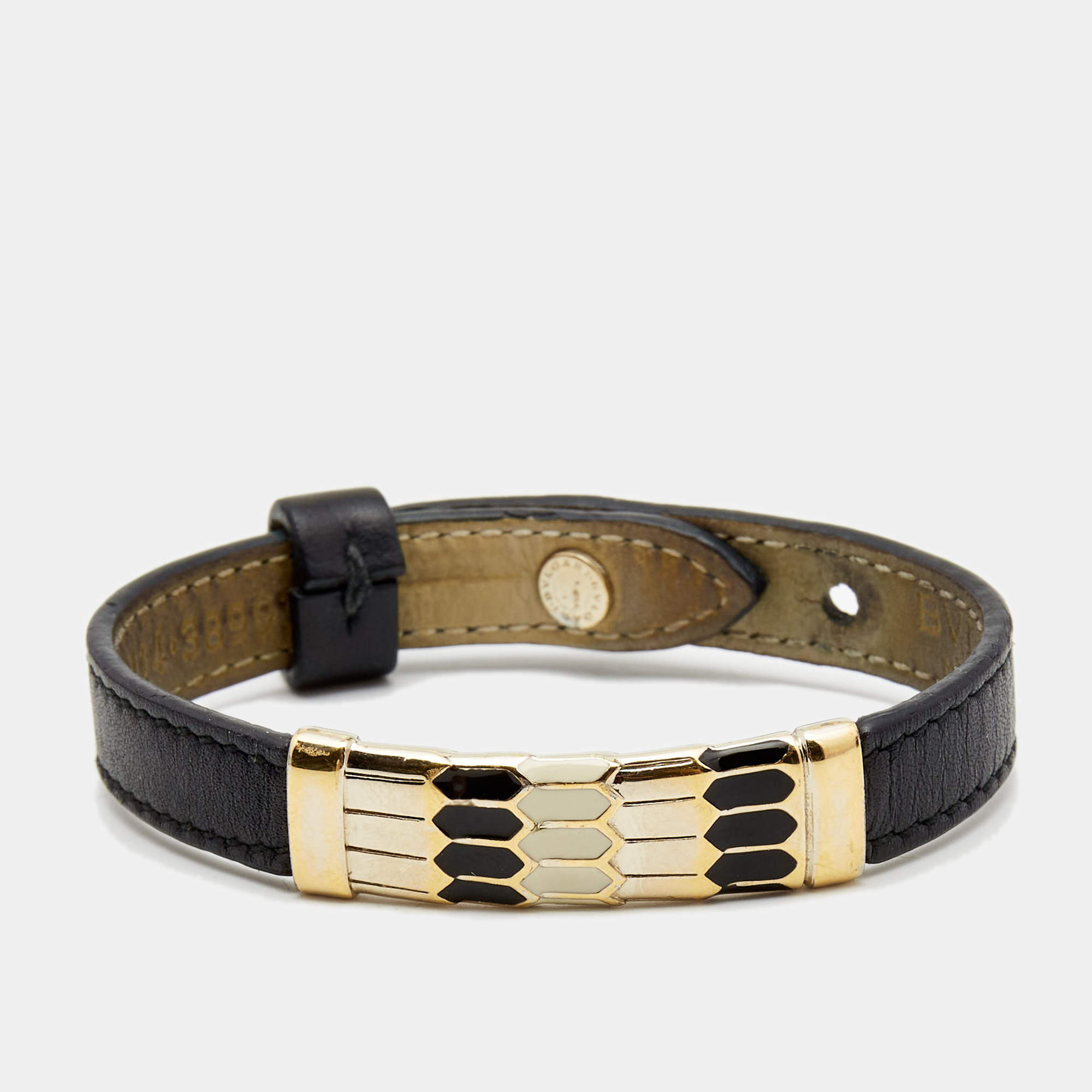 Pre Owned Bvlgari Serpenti Black Leather Enamel Gold Tone Bracelet