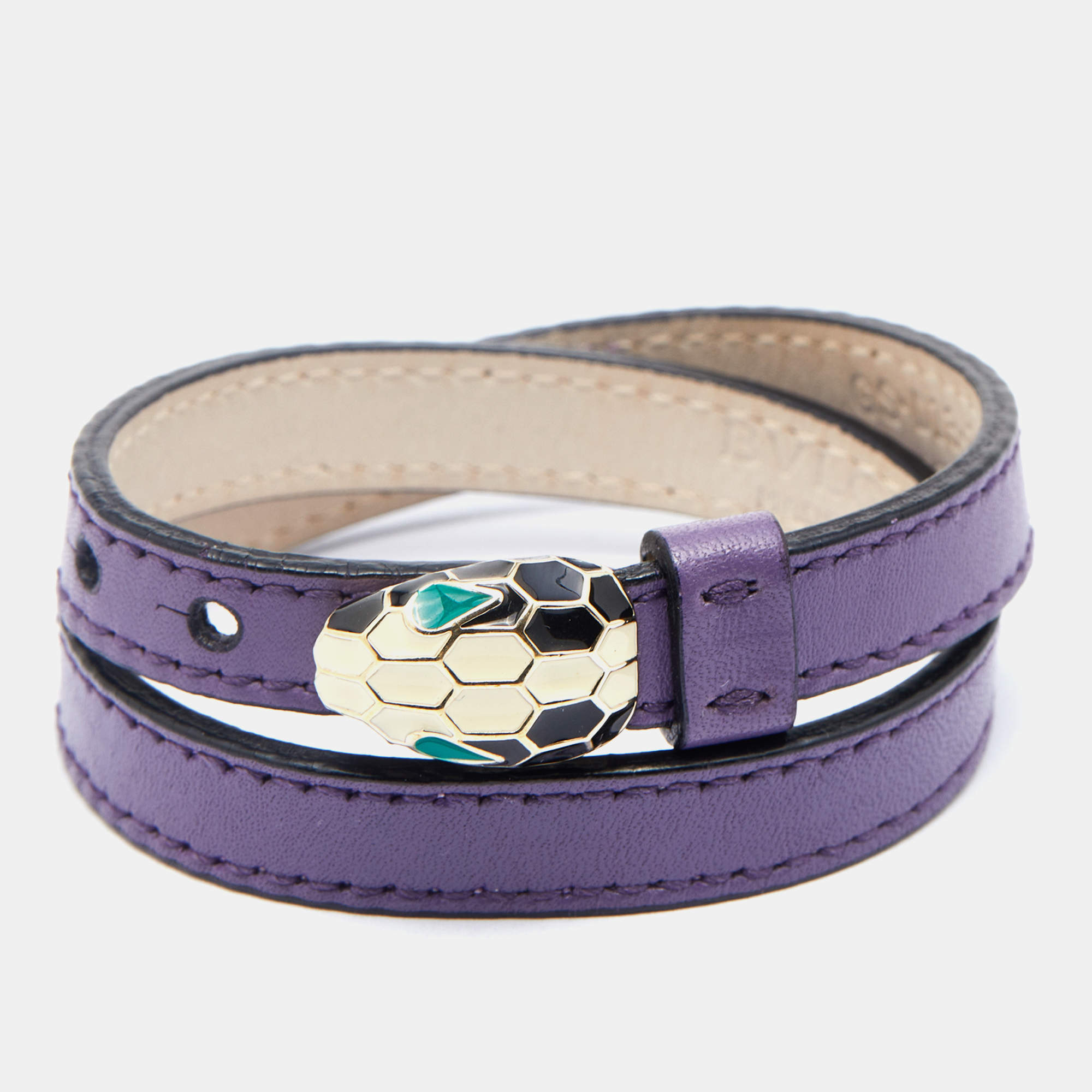 Bvlgari Serpenti Forever Enamel Purple Double Coiled Leather Gold Tone Bracelet