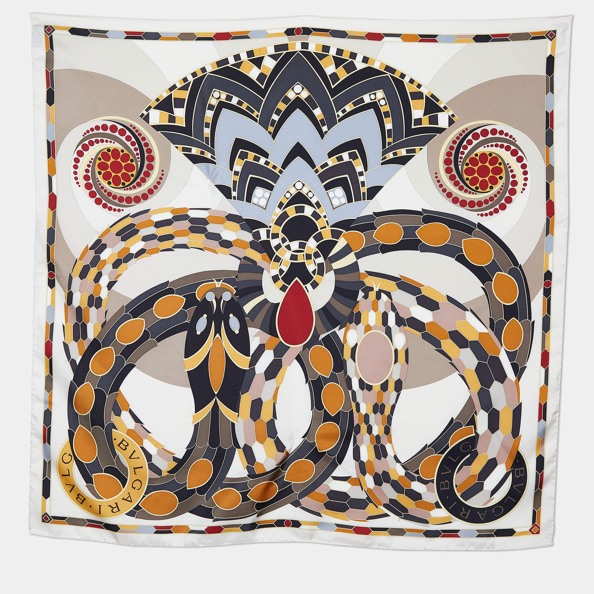 Bvlgari Cream Snake Printed Silk Heritage Square Scarf Bvlgari TLC