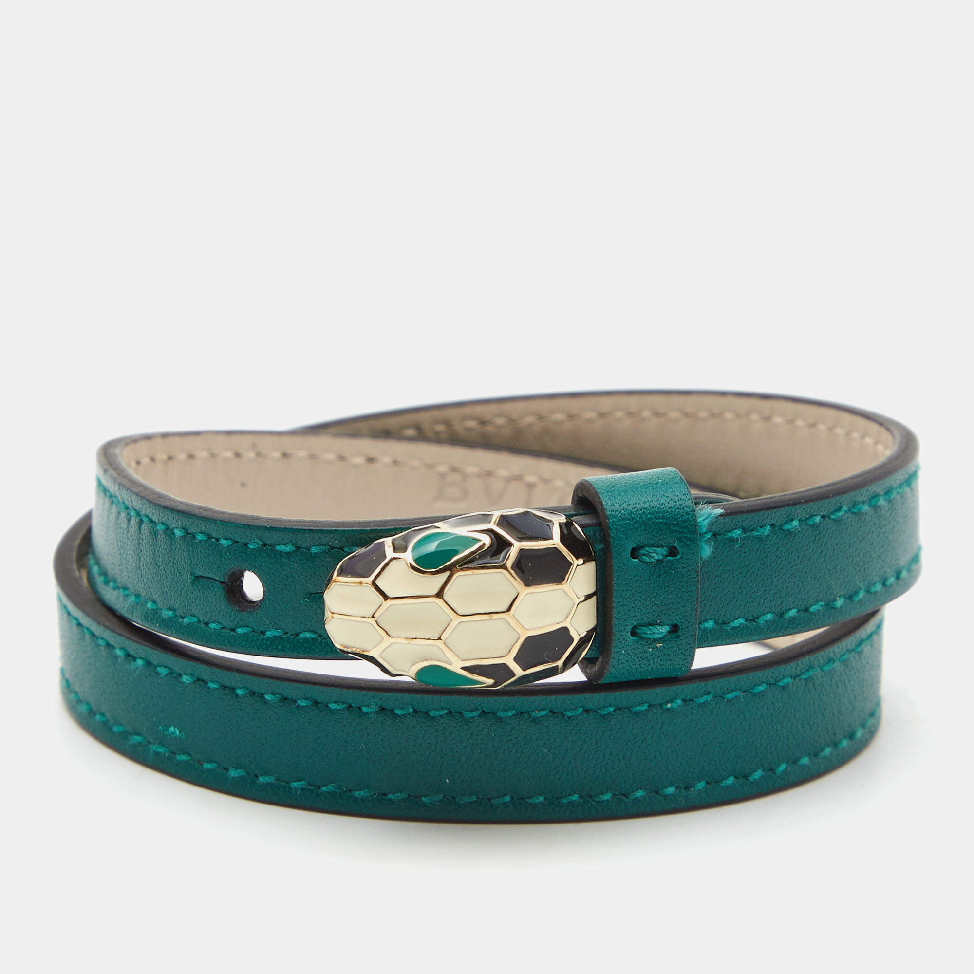 Bvlgari Serpenti Forever Green Leather Enamel Gold Tone Bracelet