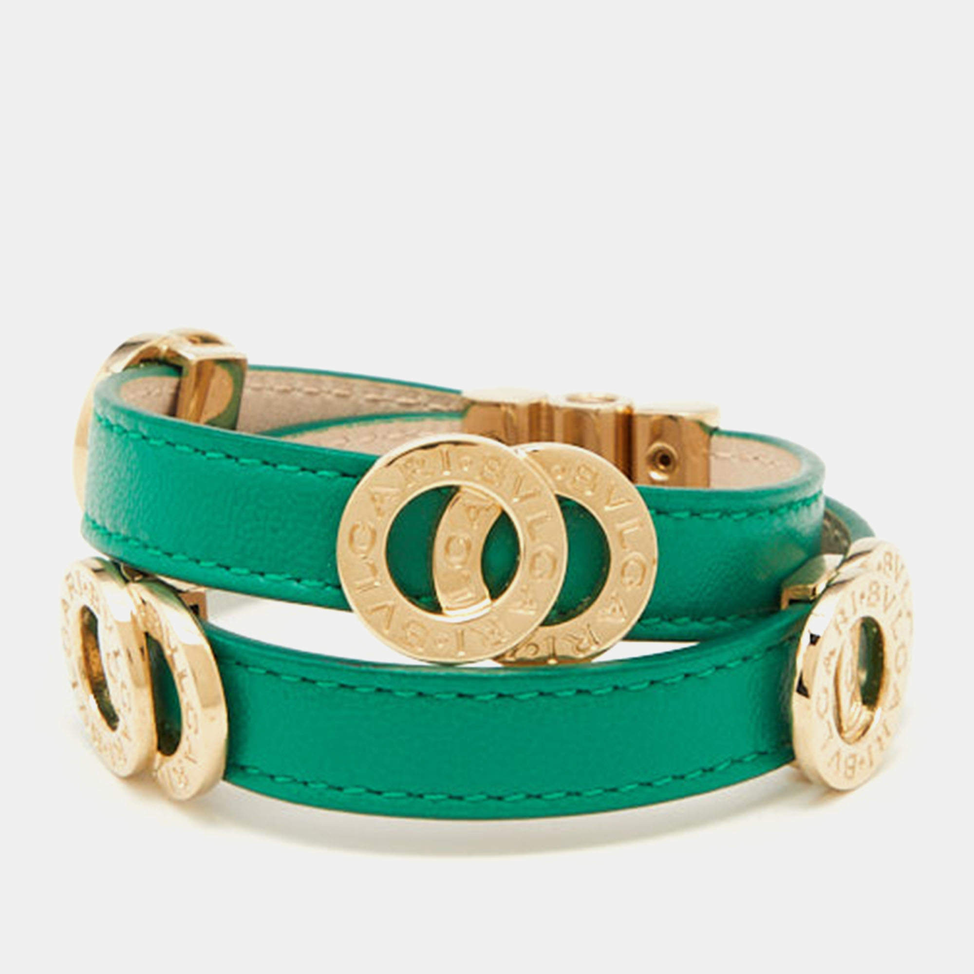 Pre Owned Bvlgari Green Leather Gold Tone Double Wrap Bracelet