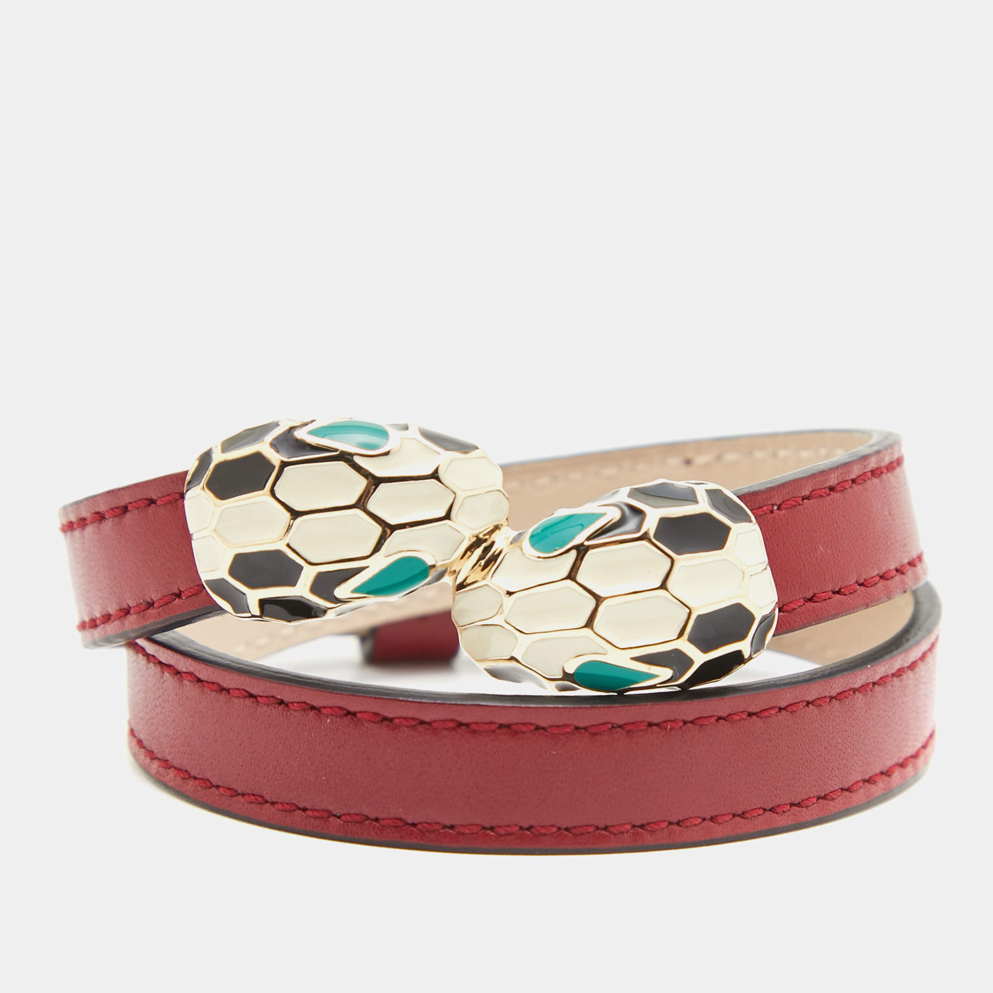 Pre Owned Bvlgari Serpenti Forever Leather Enamel Gold Tone Double Wrap Bracelet