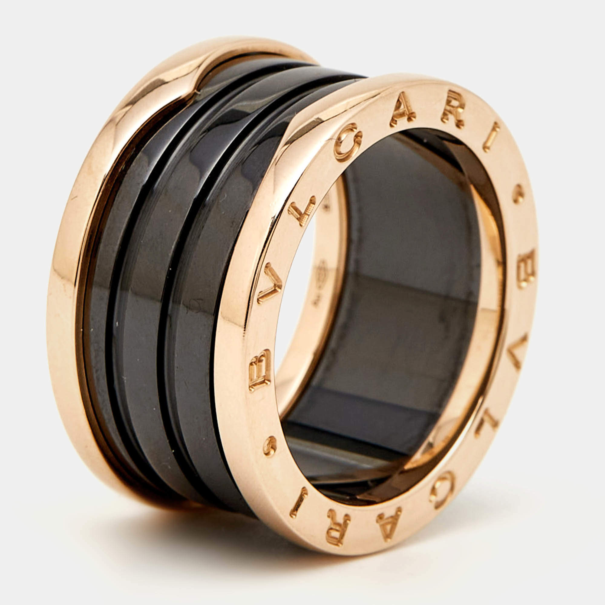 Bvlgari B.Zero1 Black Ceramic 18k Rose Gold 4 Band Ring Size 56