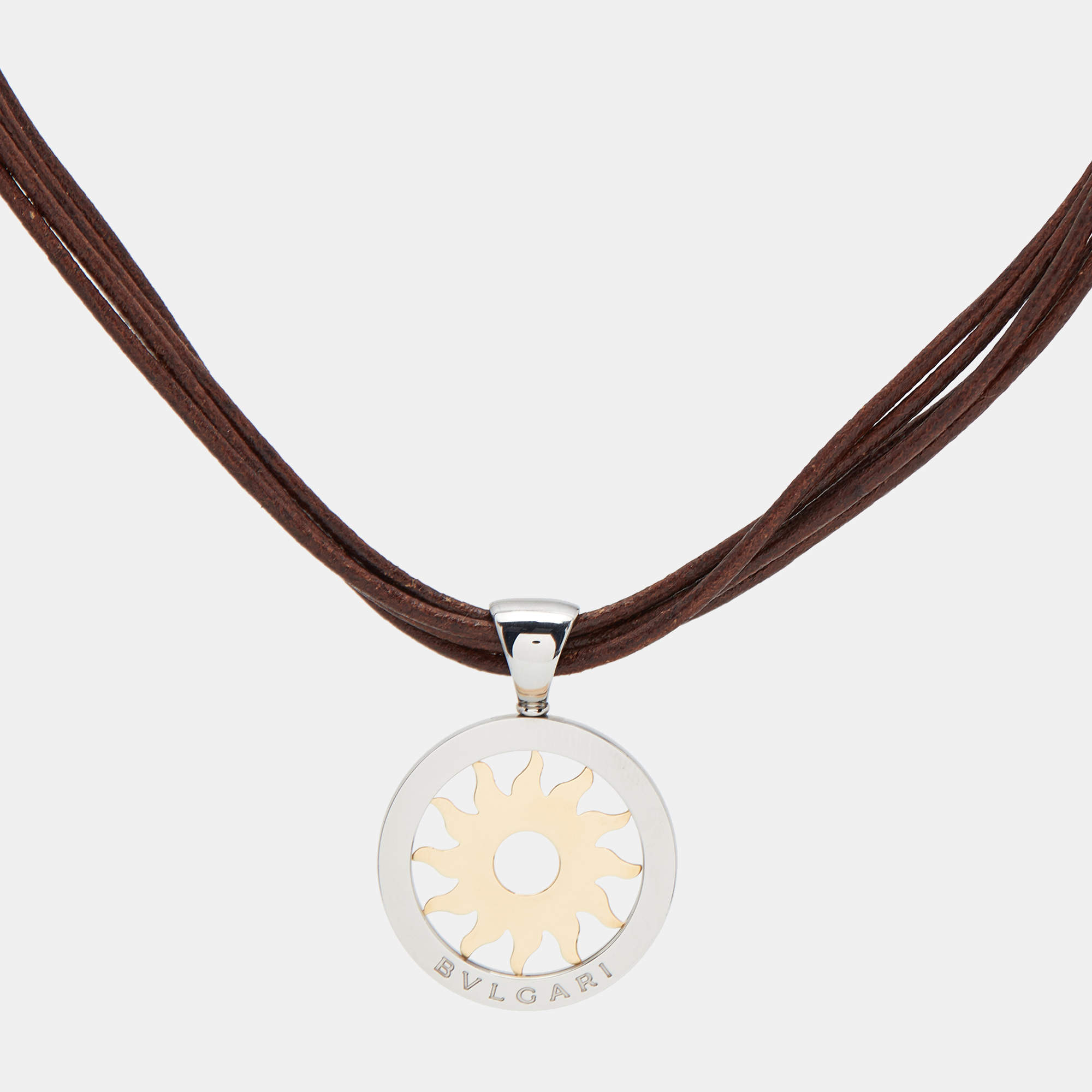 Bvlgari Tondo Sun Stainless Steel 18k Yellow Gold Leather Cord Necklace