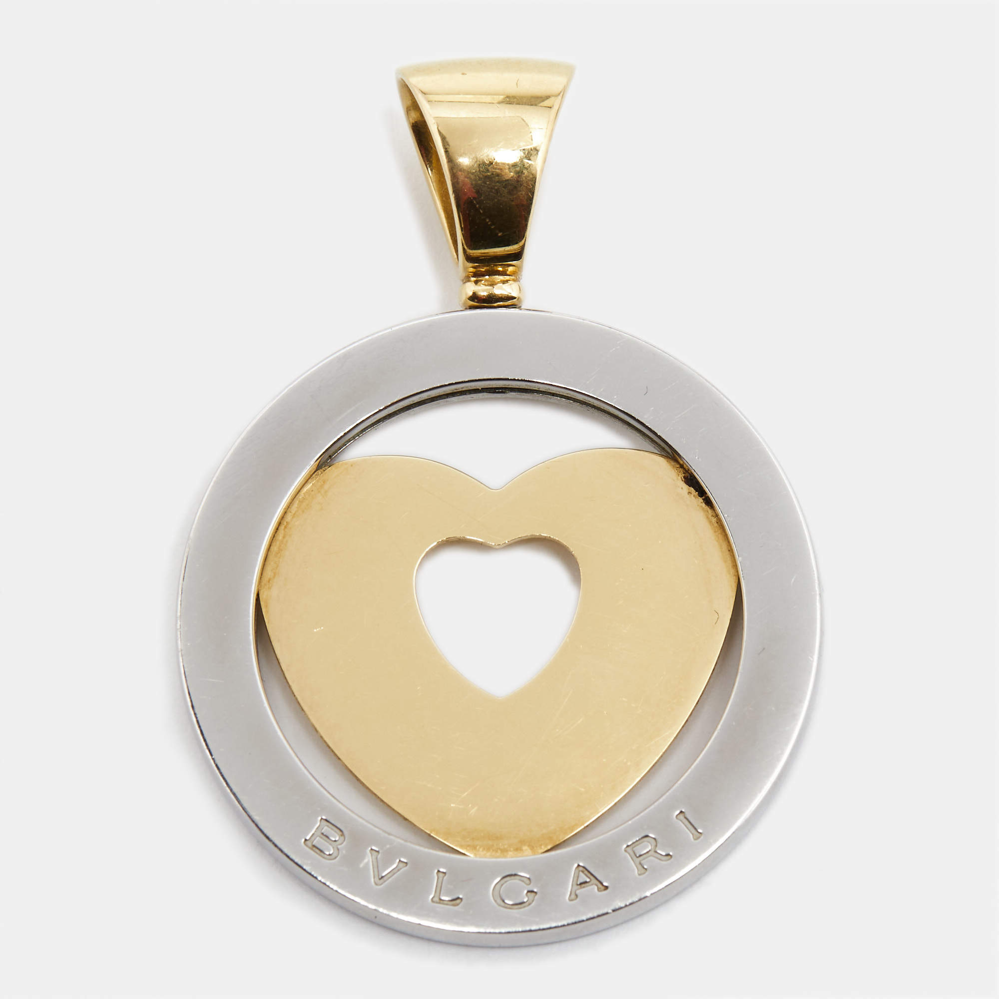 Pre Owned Bvlgari  Tondo Heart 18k Yellow Gold Stainless Steel Pendant