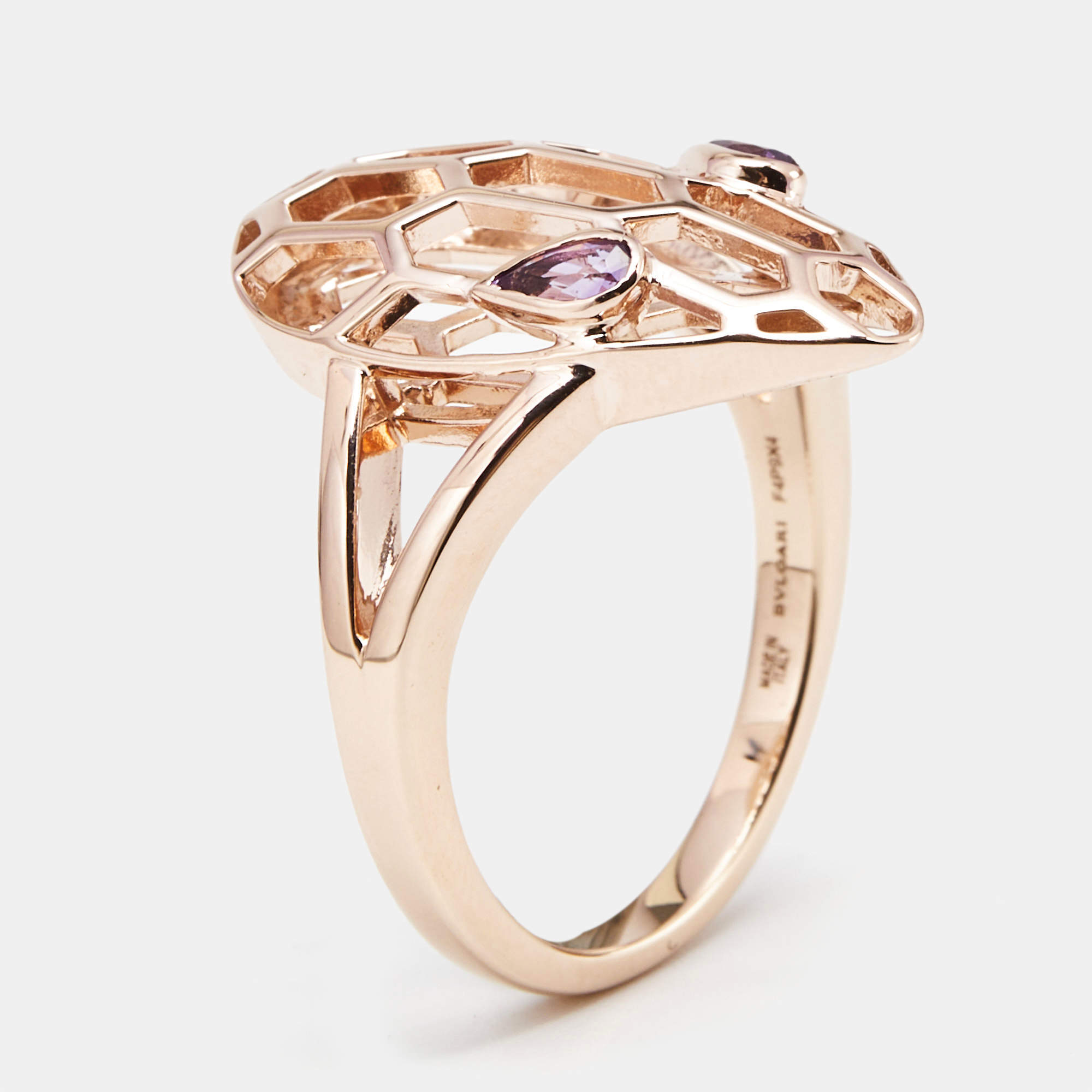 Pre Owned Bvlgari Serpenti Amethyst 18k Rose Gold Ring Size 55