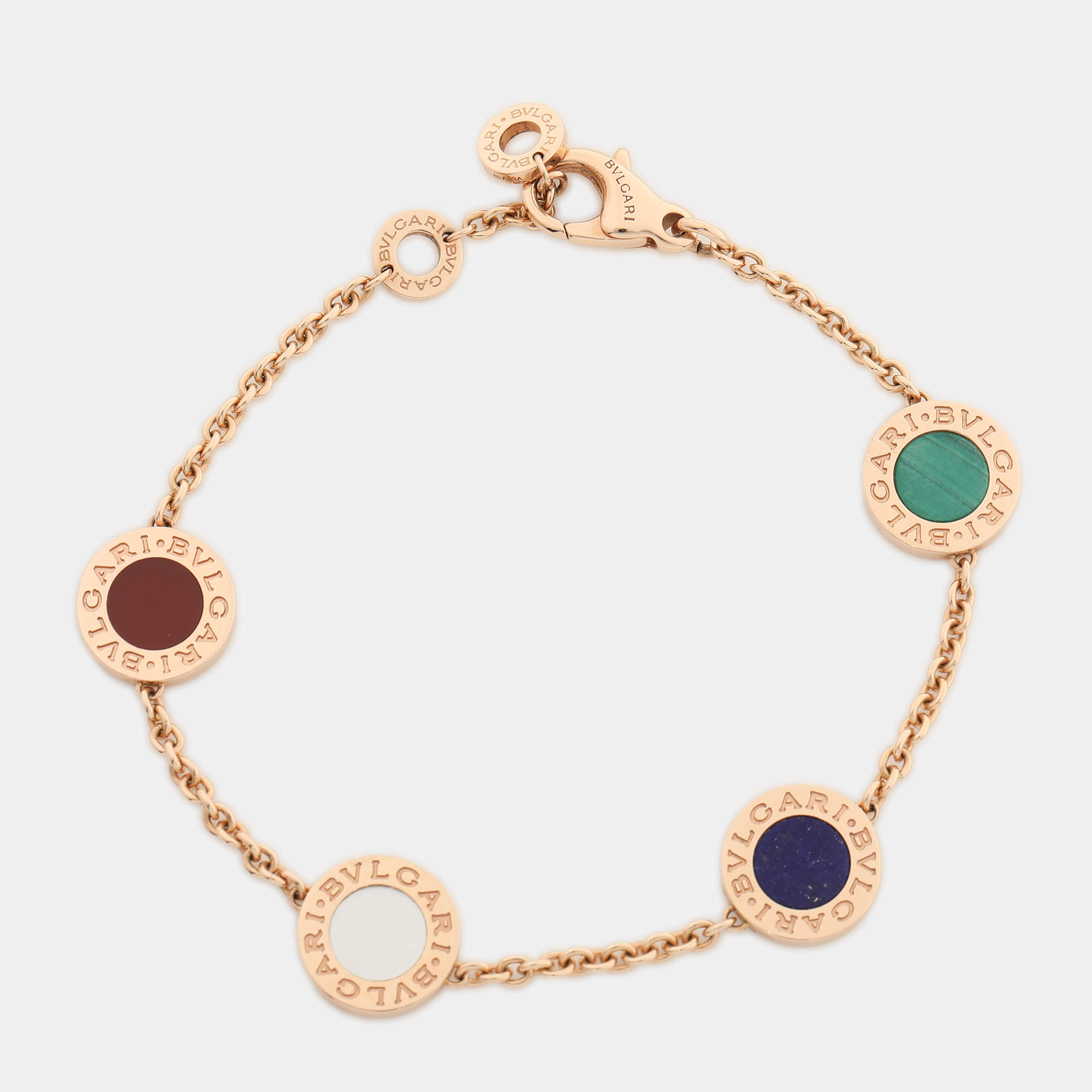 Pre Owned Bvlgari Multi Gemstone Inlay 18K Rose Gold Station Bracelet SM