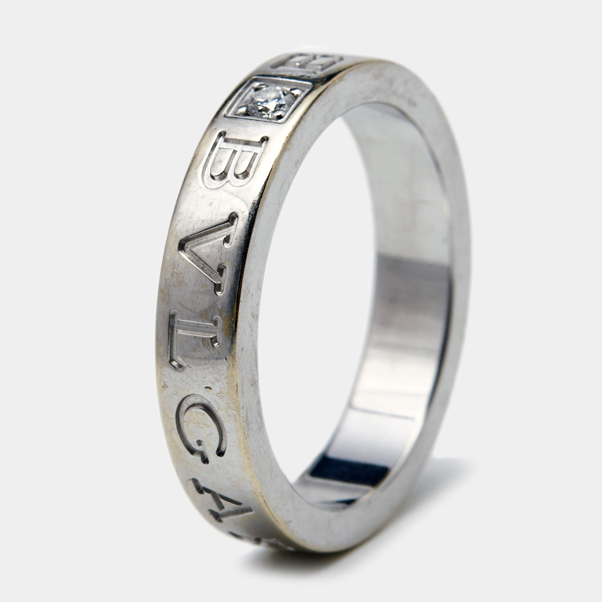 Pre Owned Bvlgari Bvlgari Bvlgari 18K White Gold Diamond Ring Size 54