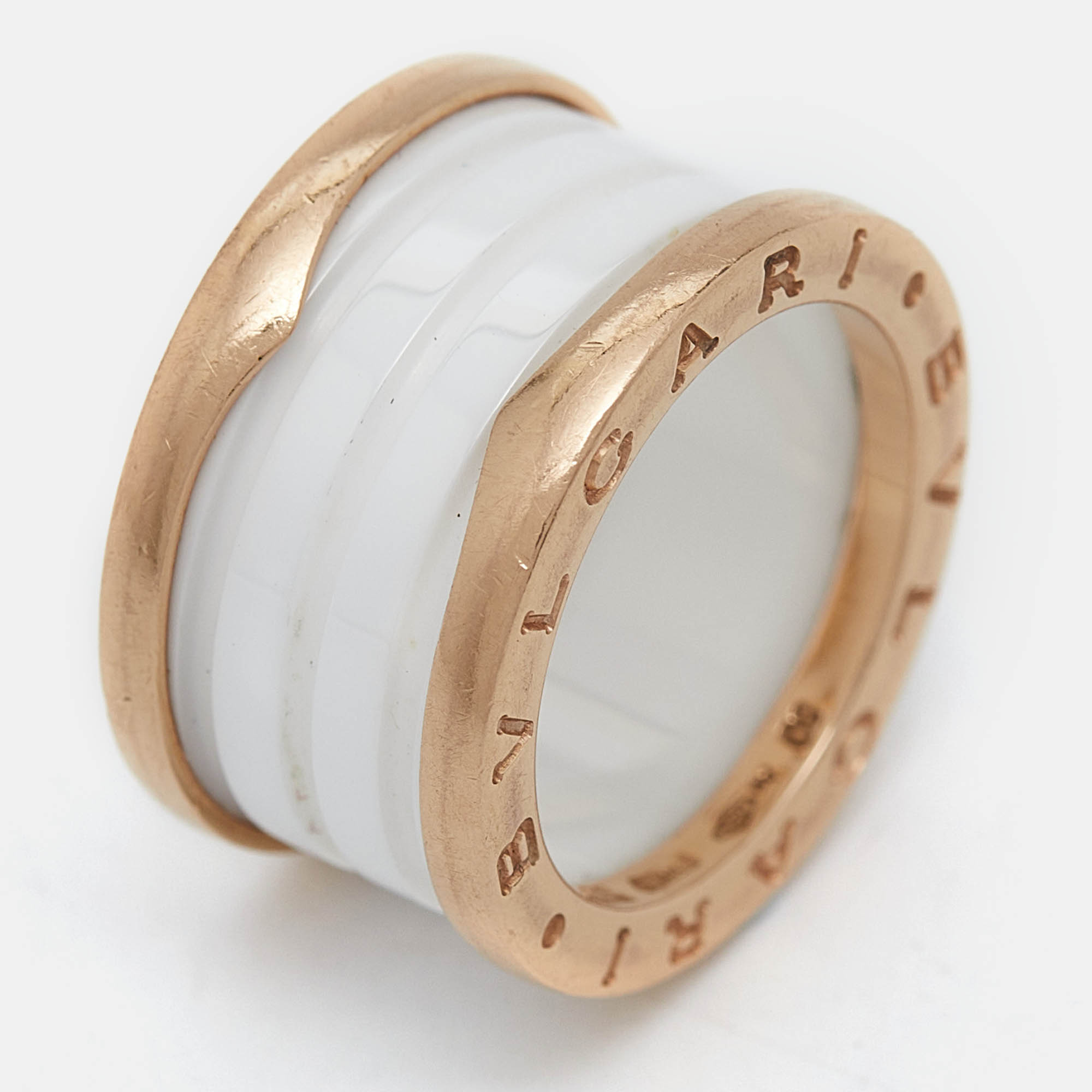 Bvlgari B.Zero1 4-Band White Ceramic 18k Rose Gold Ring Size 50