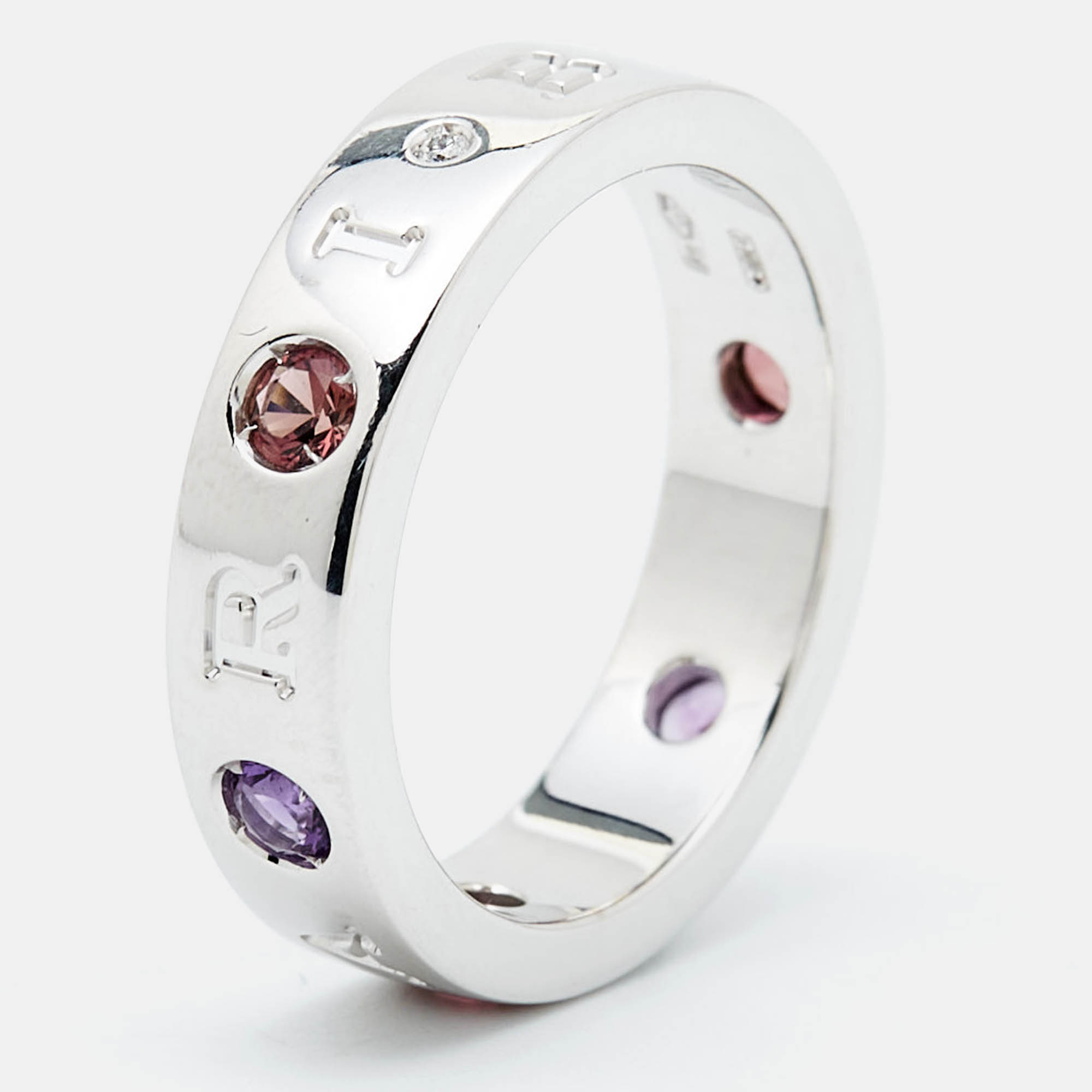 Pre Owned Bvlgari Roman Sorbets Multi Gemstones 18k White Gold Ring Size 54