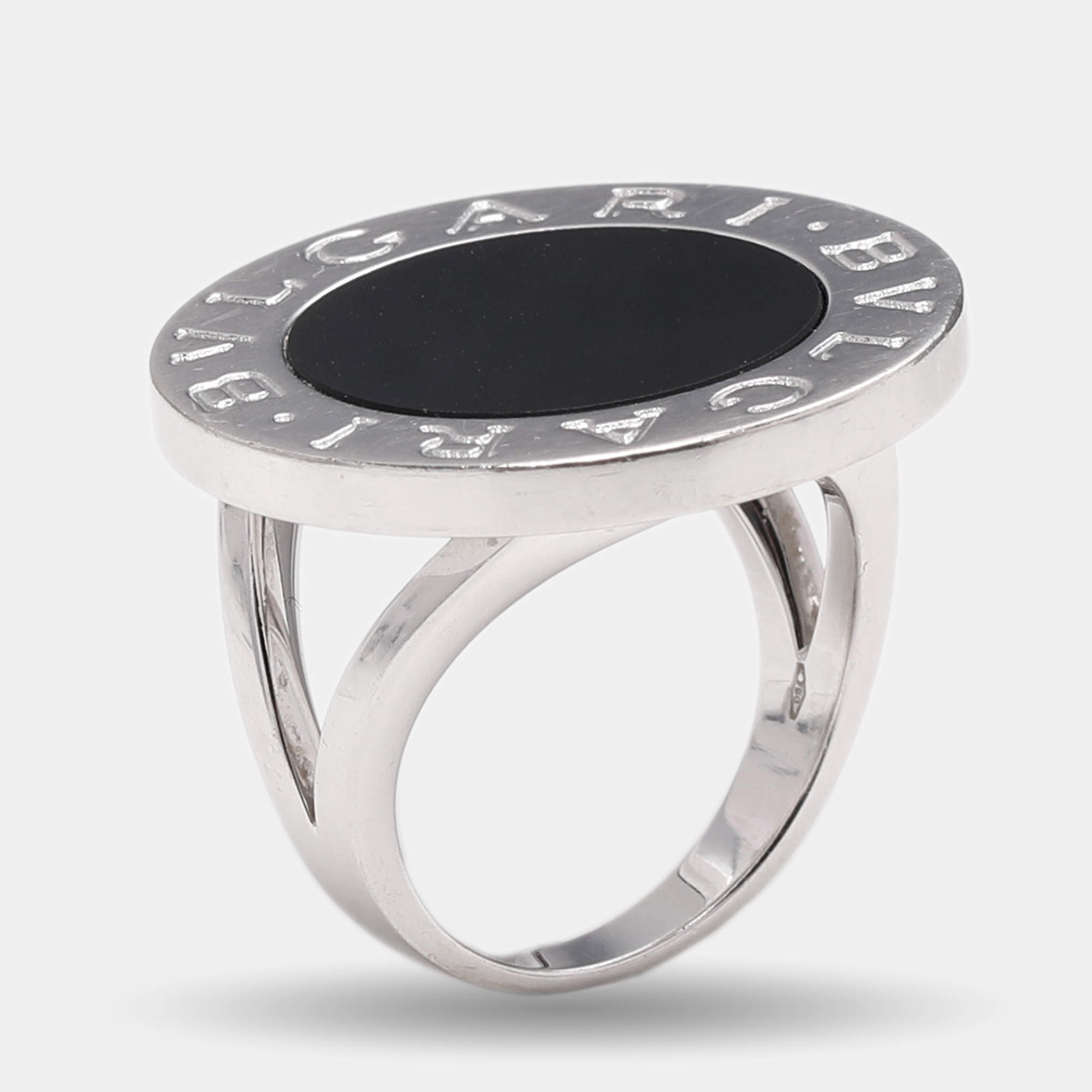 Bvlgari Onyx Inlay 18K White Gold Circular Ring Size 53