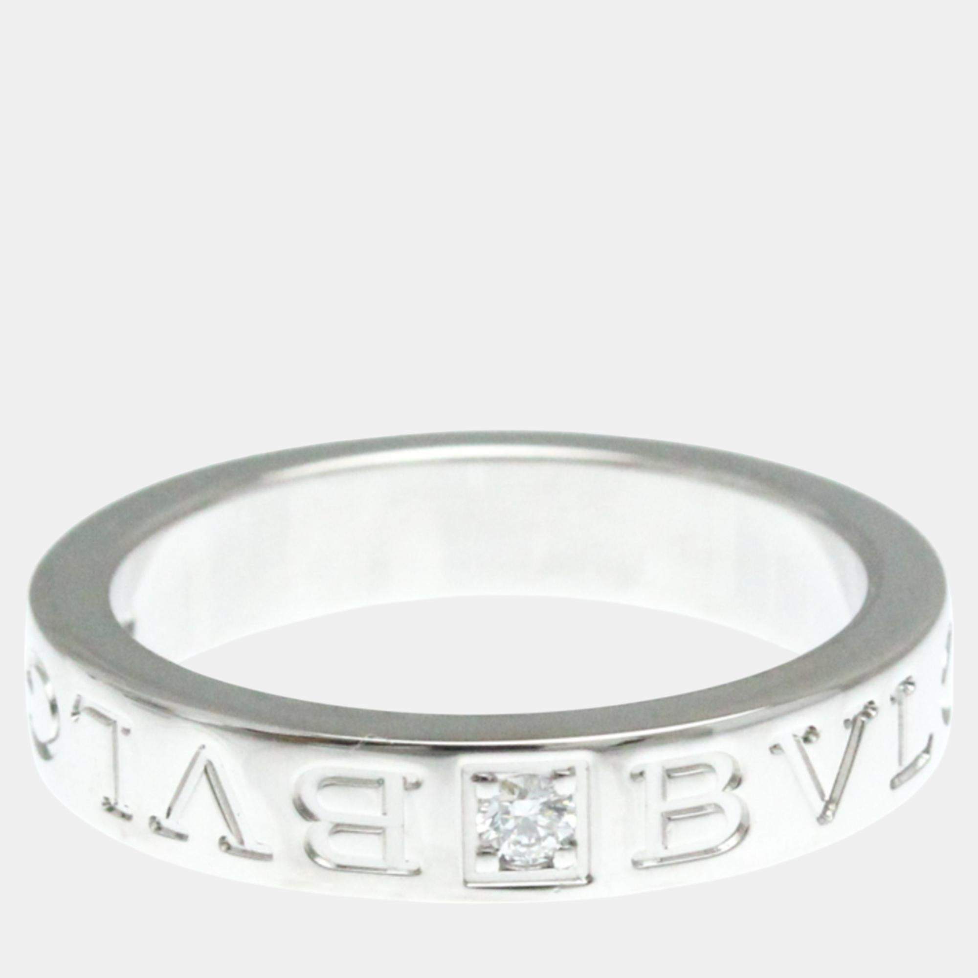 Bvlgari 18K White Gold Double Logo Diamond Band Ring EU 52.5
